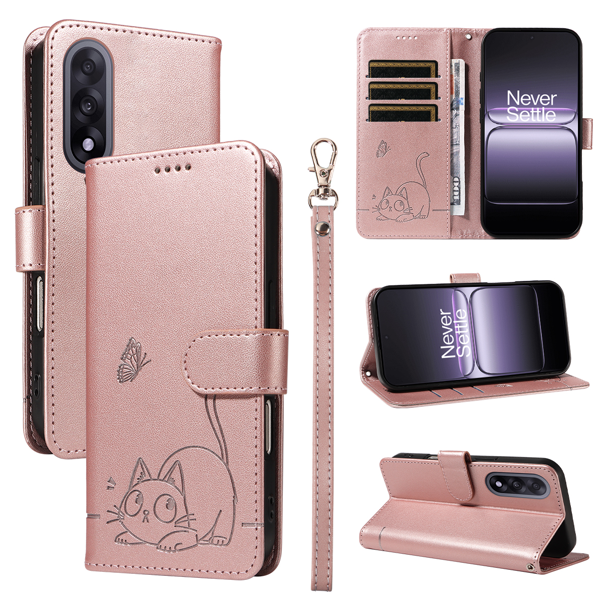For OnePlus Nord 5 5G / OnePlus Ace 5 Ultra 5G Case Cat Pattern Imprint Leather Phone Cover with Wrist Strap - Rose Gold