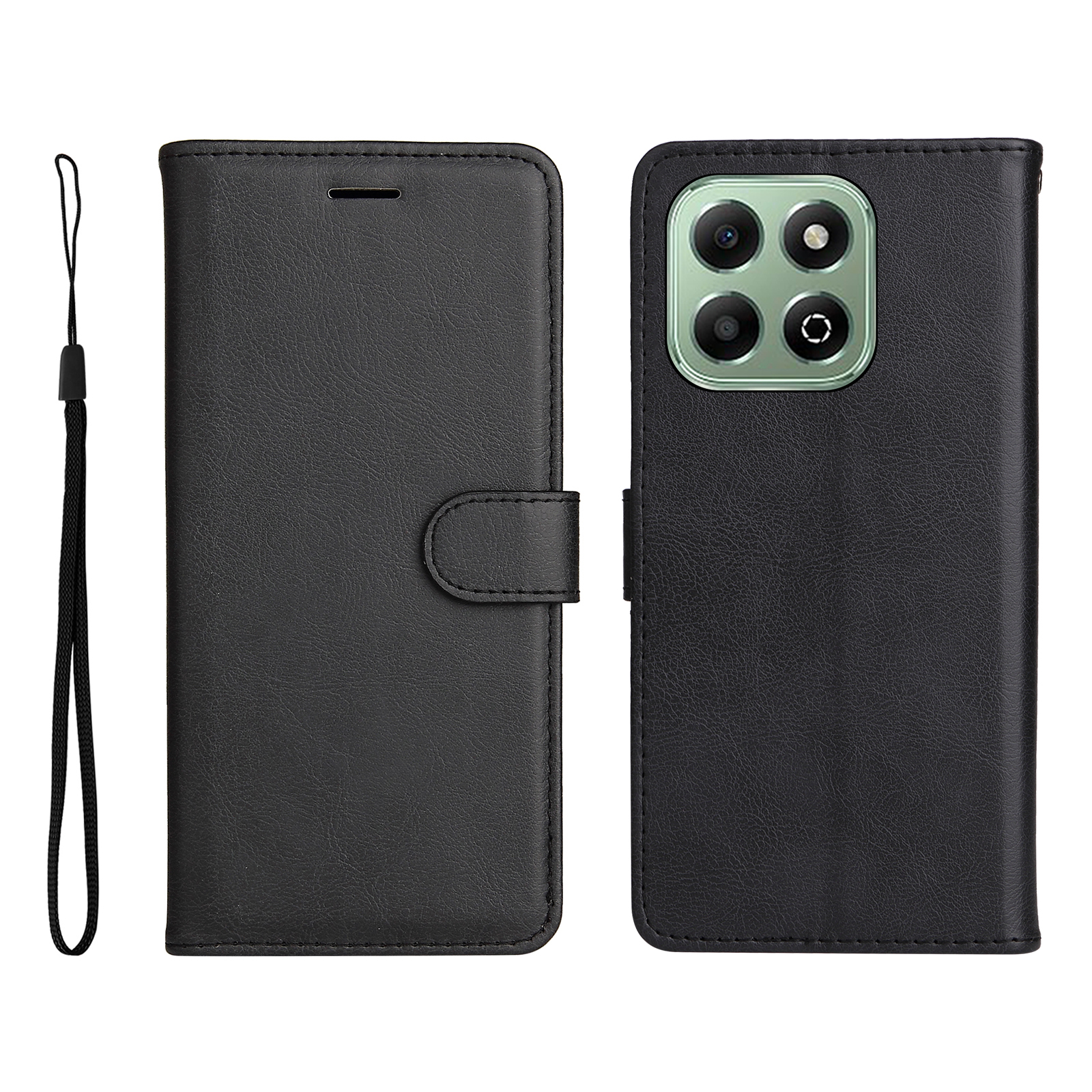 For Honor X6b 4G / Honor X6a 4G / Honor X5b / Honor X5b Plus / Honor X6c 4G Leather Wallet Case with Strap Solid Color Phone Stand Cover - Black