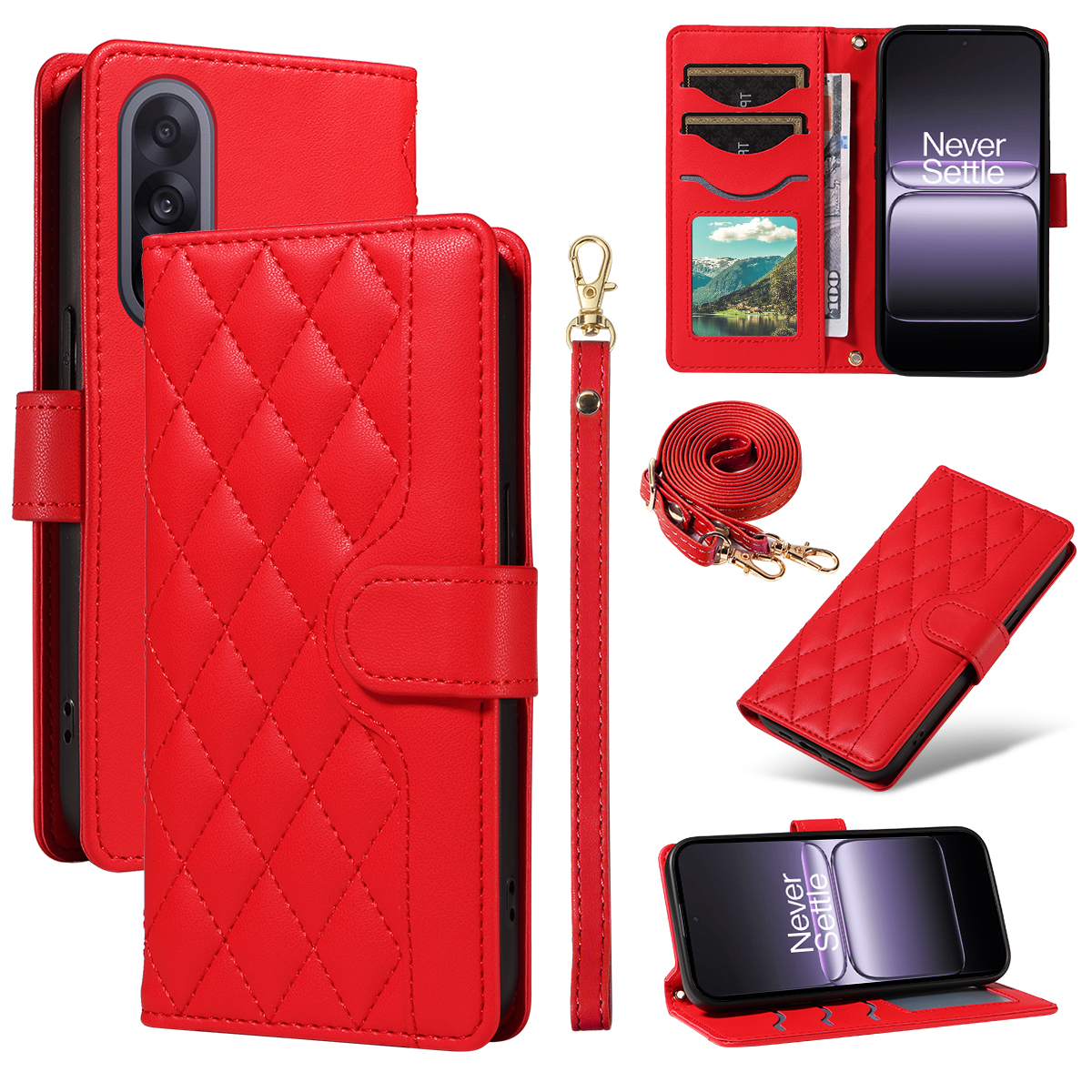 For OnePlus Nord 5 5G / OnePlus Ace 5 Ultra 5G Wallet Case Rhombus Leather Phone Cover with Strap -  Red