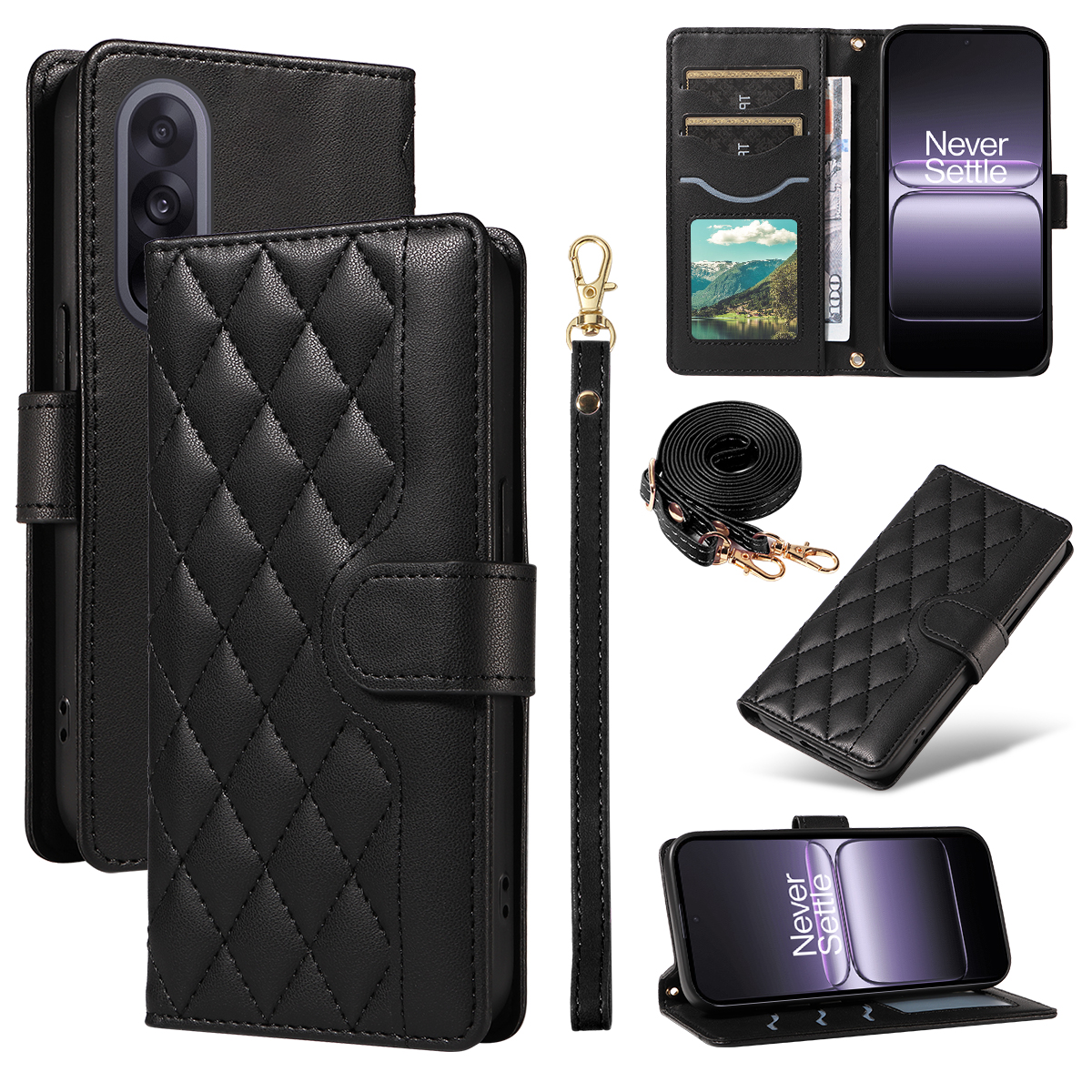 For OnePlus Nord 5 5G / OnePlus Ace 5 Ultra 5G Wallet Case Rhombus Leather Phone Cover with Strap - Black