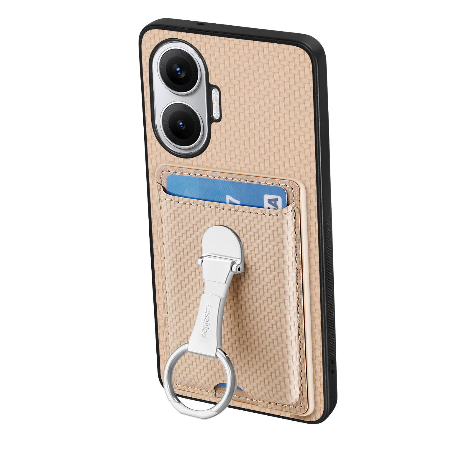 CASENEO For Xiaomi Redmi Turbo 4 Pro 5G Leather Phone Back Cover with Kickstand and Card Slots Carbon Fiber Texture - Beige