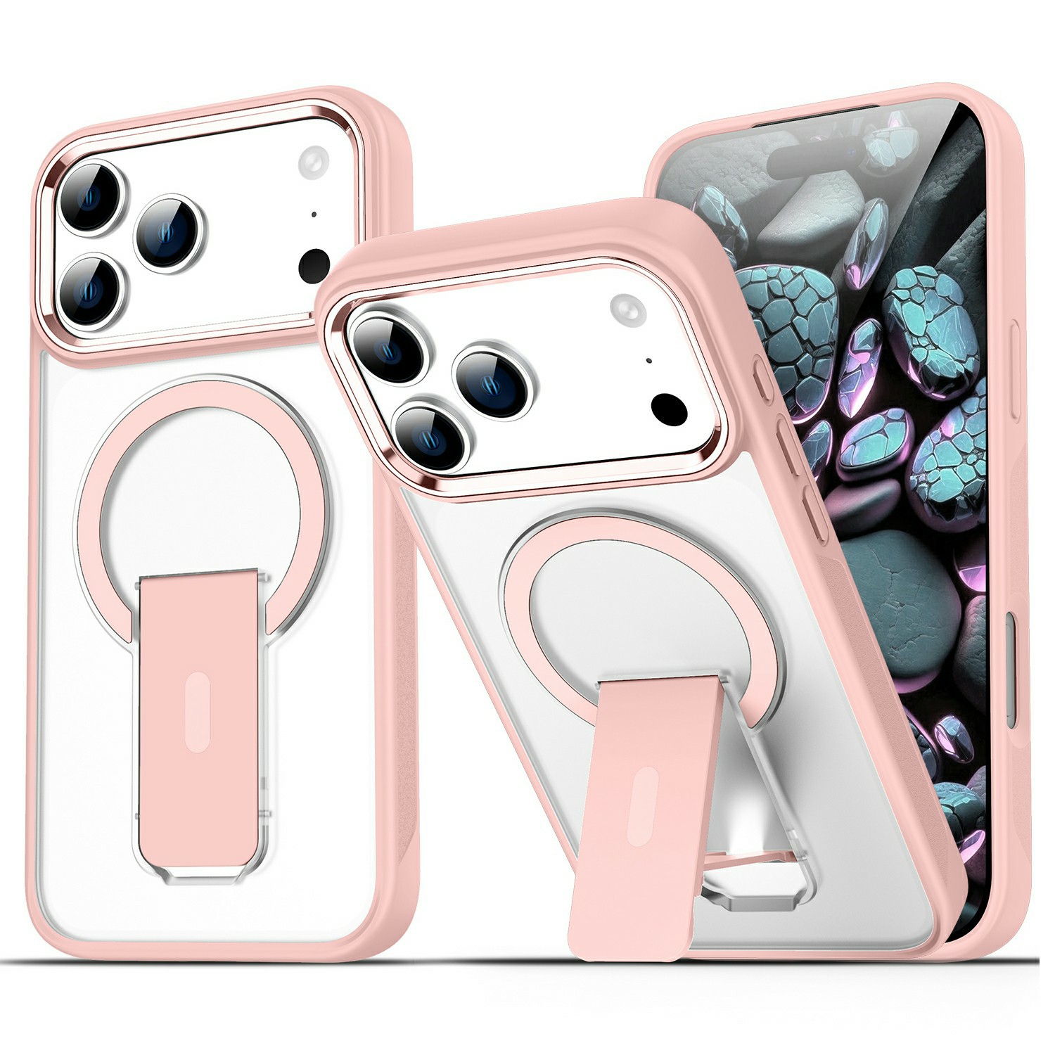 For iPhone 17 Pro Case Compatible with MagSafe PC + TPU Phone Cover with Kickstand - Pink