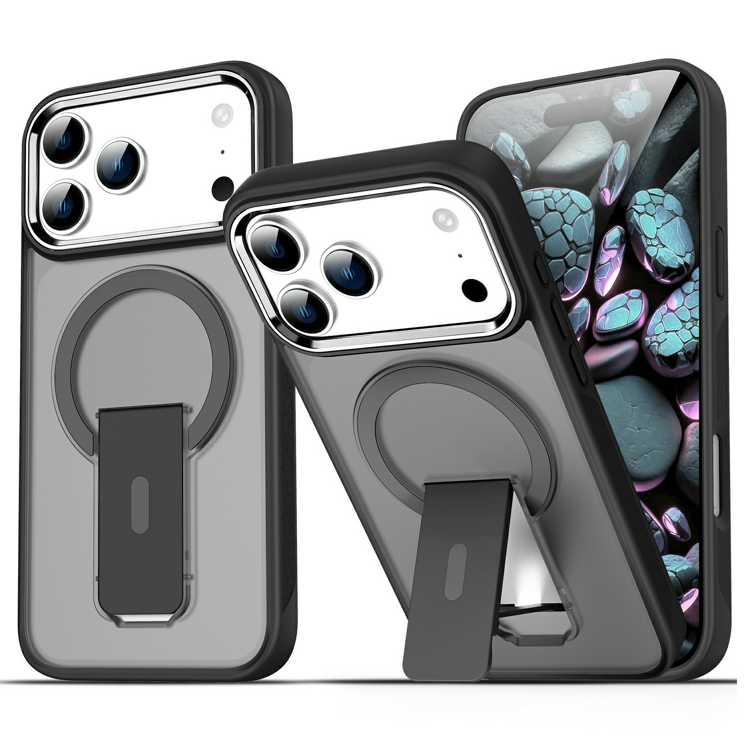 For iPhone 17 Pro Case Compatible with MagSafe PC + TPU Phone Cover with Kickstand - Transparent Black