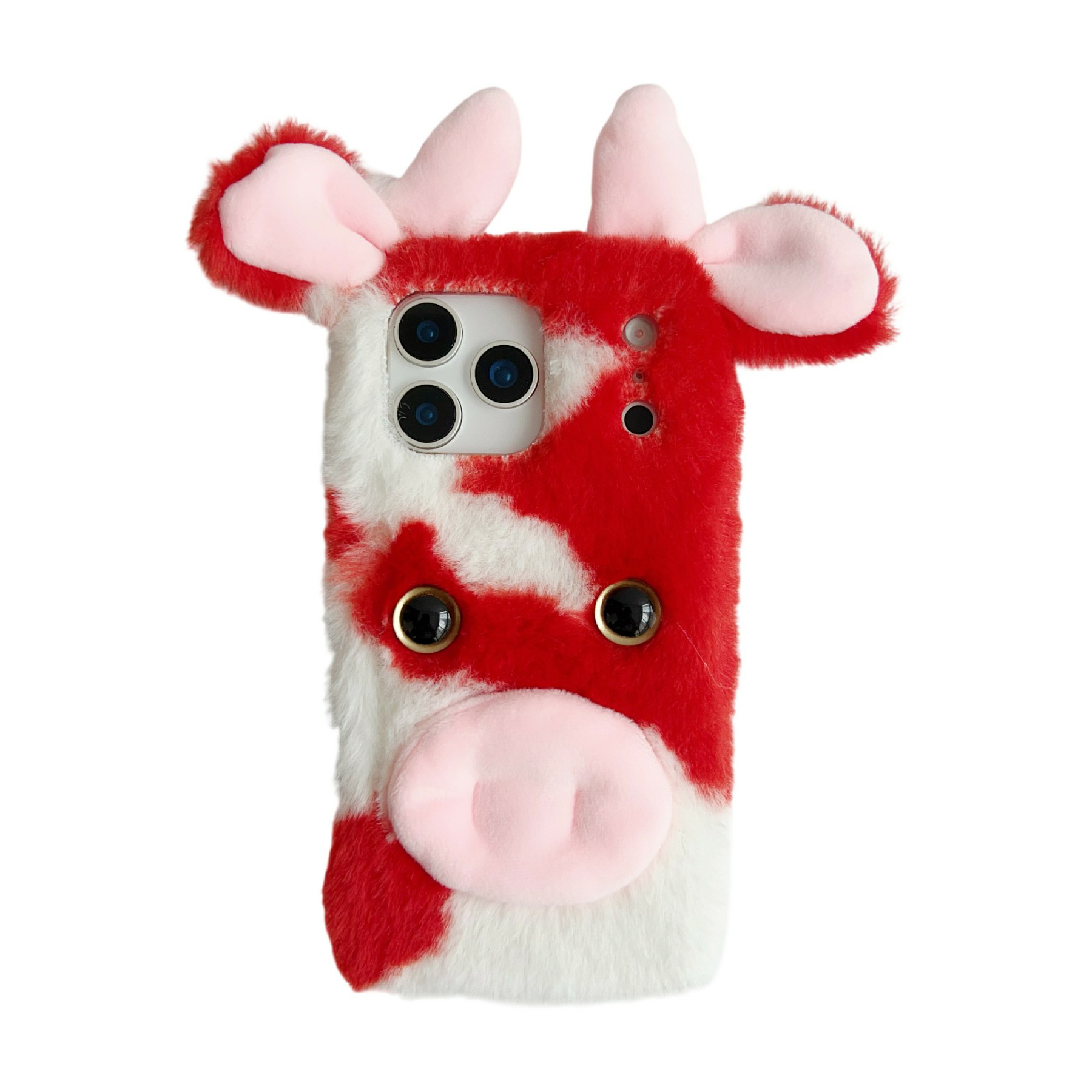 For iPhone 17 Pro Case Fluffy Cute Cow Winter Plush Inner TPU Phone Cover - Red