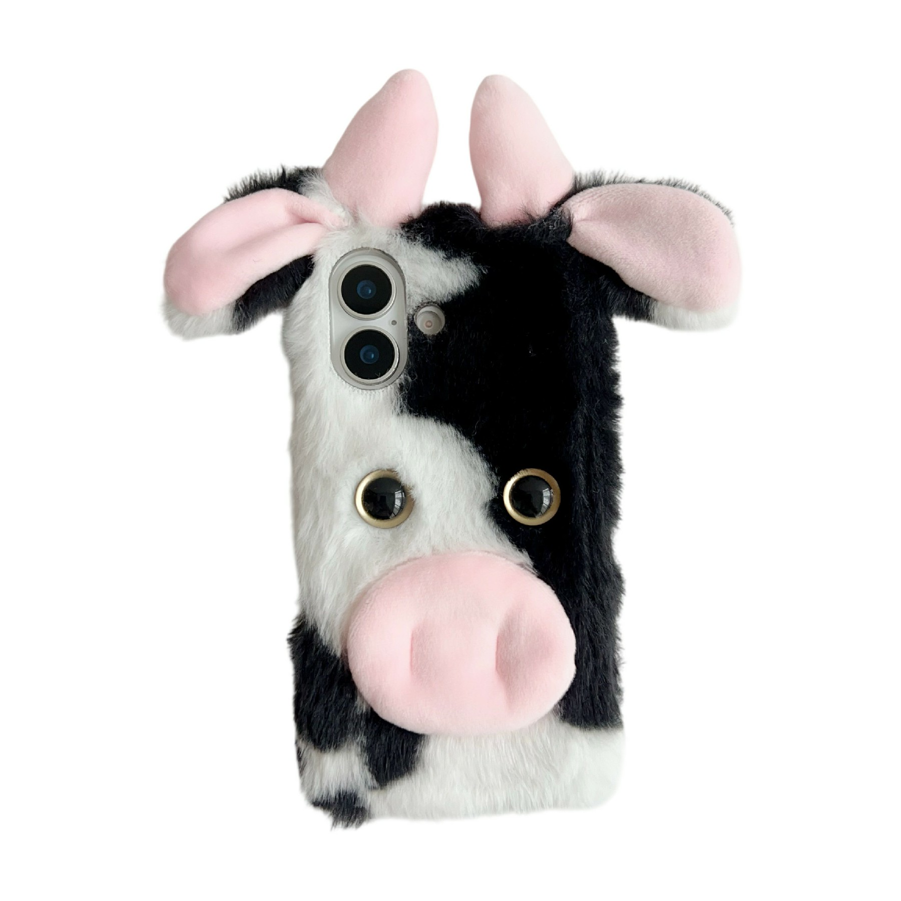 For iPhone 17 Case Fluffy Cute Cow Winter Plush Inner TPU Phone Cover - Black