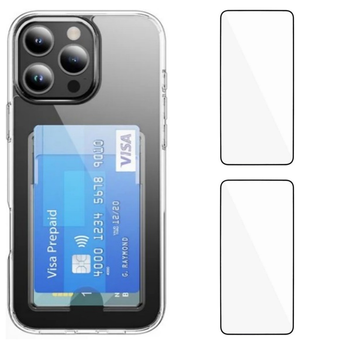 For iPhone 16 Pro Max Clear Phone Case with 2Pcs Screen Film WANLONFENG CK1 Series Card Holder Cover (Big Lens Hole) - Transparent