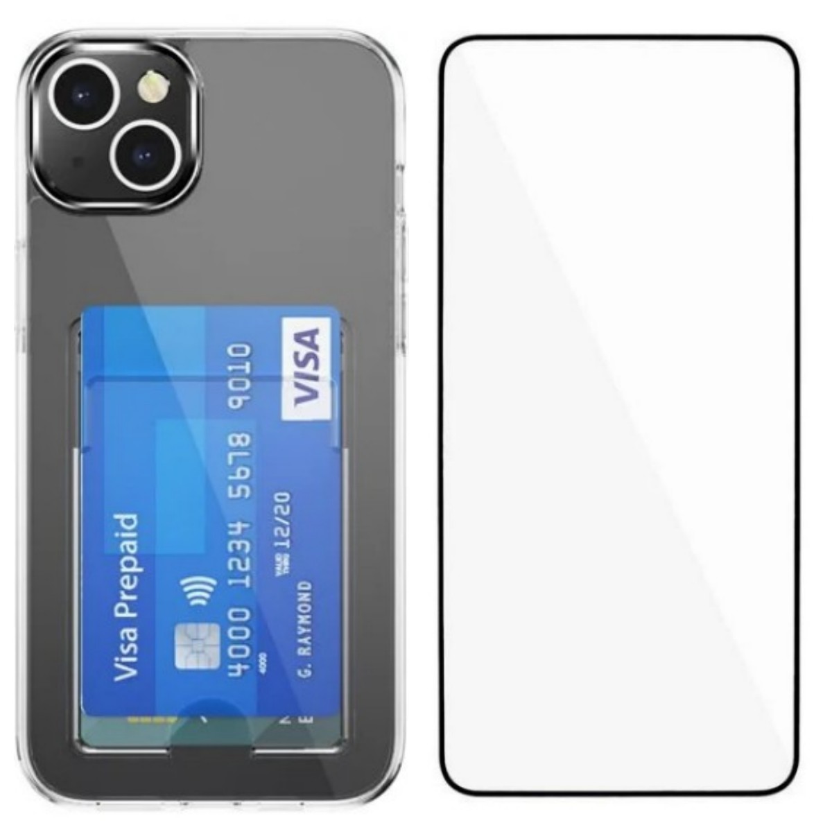 WANLONFENG For iPhone 15 Clear Phone Case with Screen Film  CK Series Card Holder Cover (Big Lens Hole) - Transparent