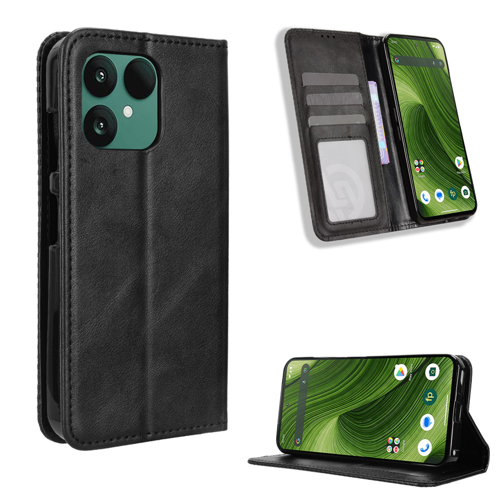 For Fairphone 6 Leather Case Wallet Stand Retro Texture Phone Cover - Black