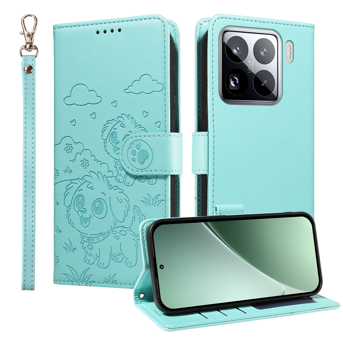 For Xiaomi 15 Pro Case RFID Blocking Imprint Dog Pattern PU Leather Phone Cover with Wrist Strap - Green