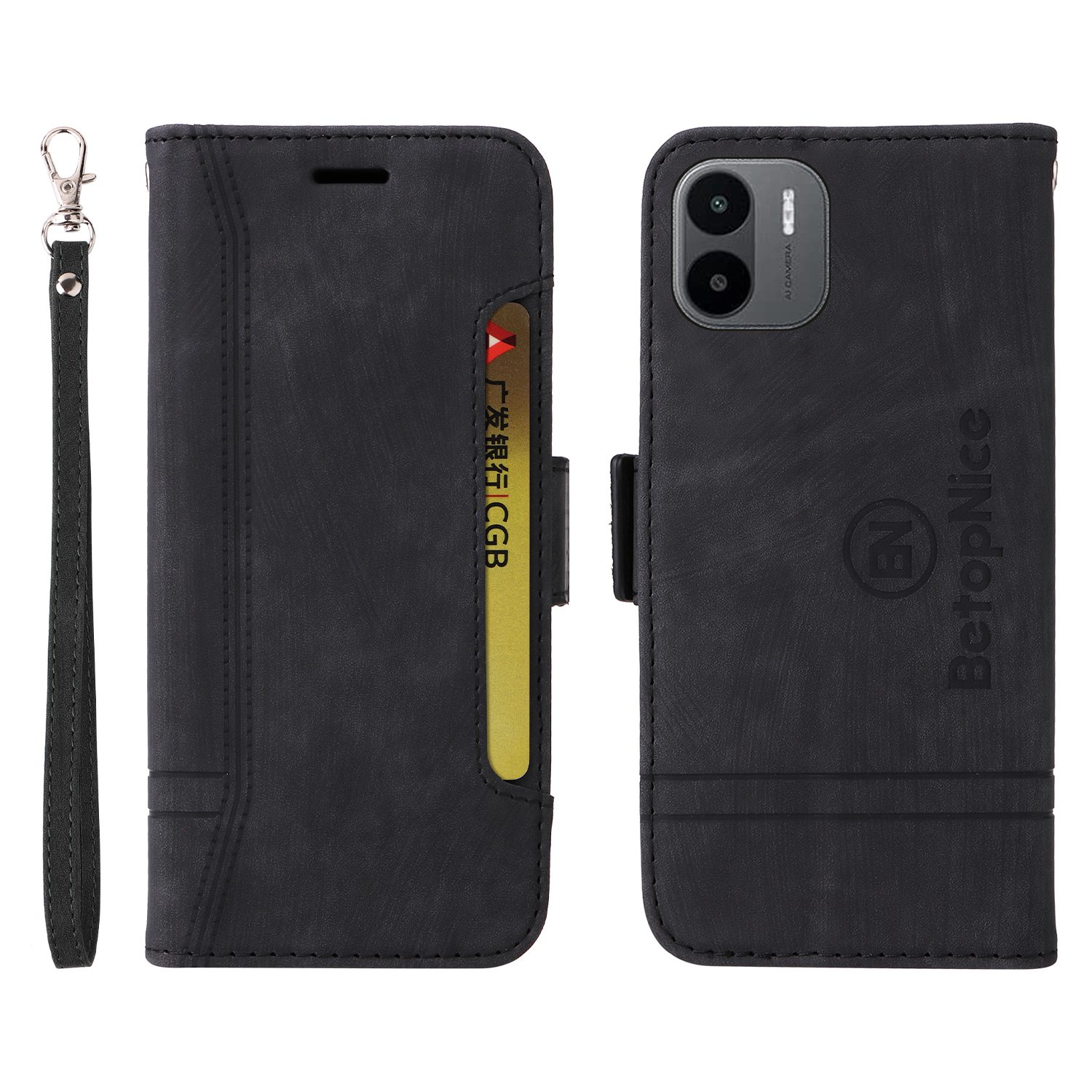 

Betopnice 001 Für Xiaomi Redmi A1 4G PU Leder Anti-fall-handy-hülle Wallet Ständer Eingeprägter Stick-line-schutzhandyabdeckung - Schwarz, Xiaomi Redmi A2 4G