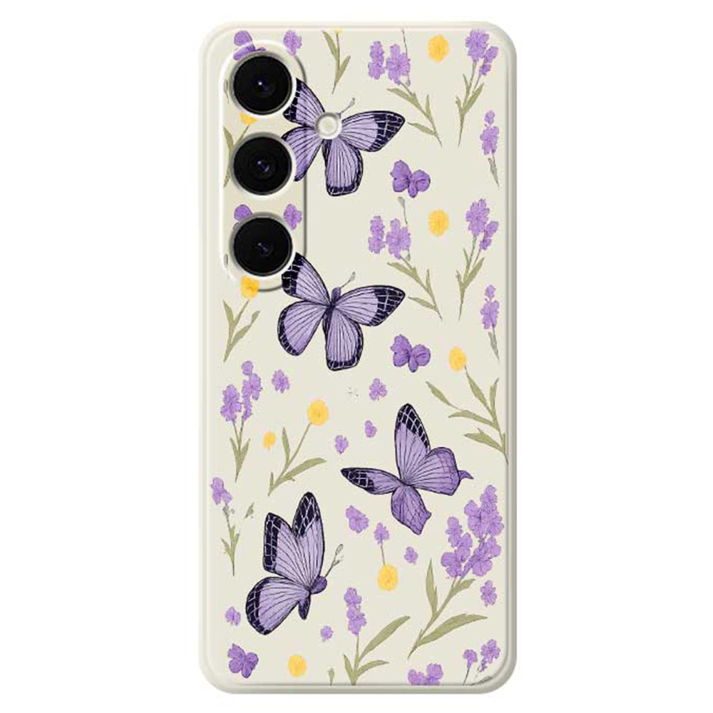 For Samsung Galaxy S25+ Case Purple Butterflies Pattern Printing Straight Edge TPU Phone Back Cover - Beige