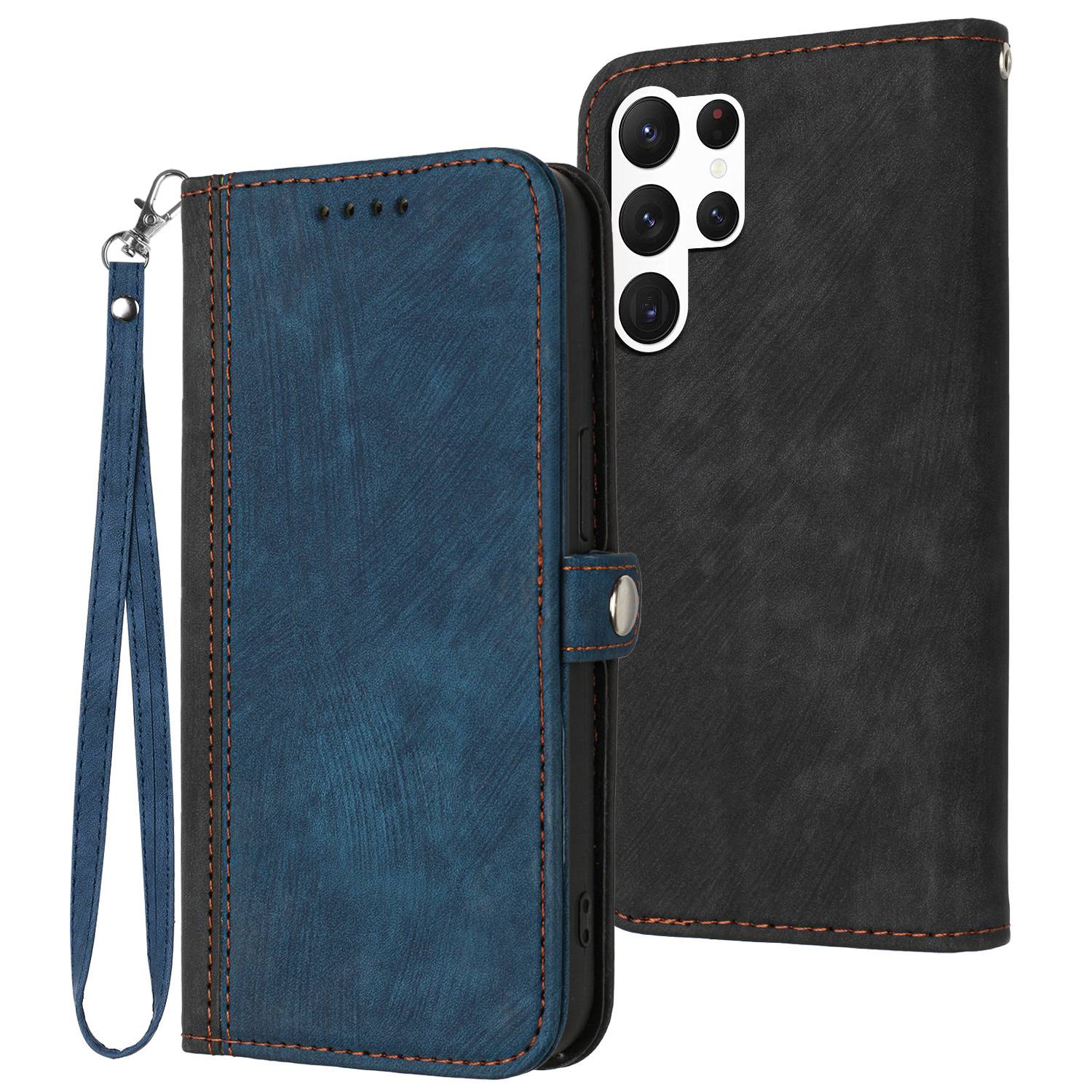 

YX0020 Mobile Phone Case for Samsung Galaxy S23 Ultra Anti-Scratch PU Leather Stand Dual Magnetic Clasp Phone Cover Shell with Strap - Sapphire, Galaxy S23 Ultra