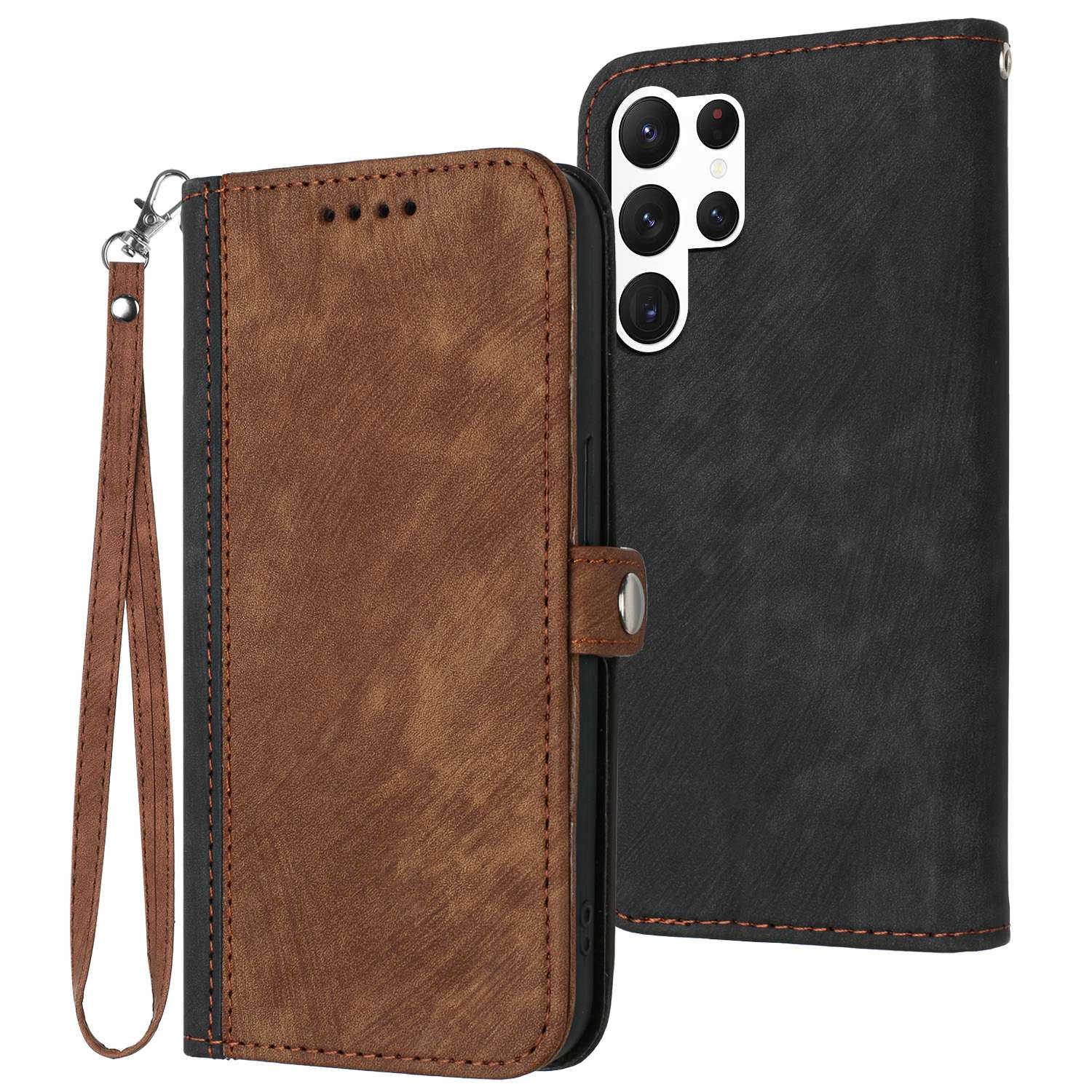

YX0020 Mobile Phone Case for Samsung Galaxy S23 Ultra Anti-Scratch PU Leather Stand Dual Magnetic Clasp Phone Cover Shell with Strap - Brown, Galaxy S23 Ultra