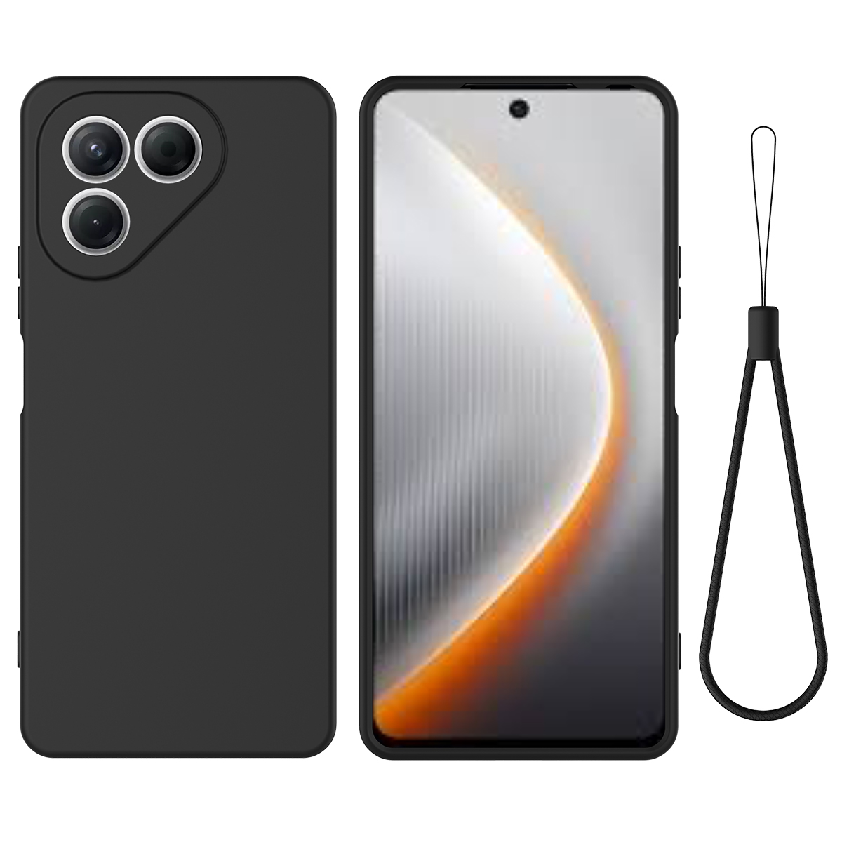 For TECNO Pova 7 4G Liquid Silicone Case Phone Back Cover with Hand Strap - Black