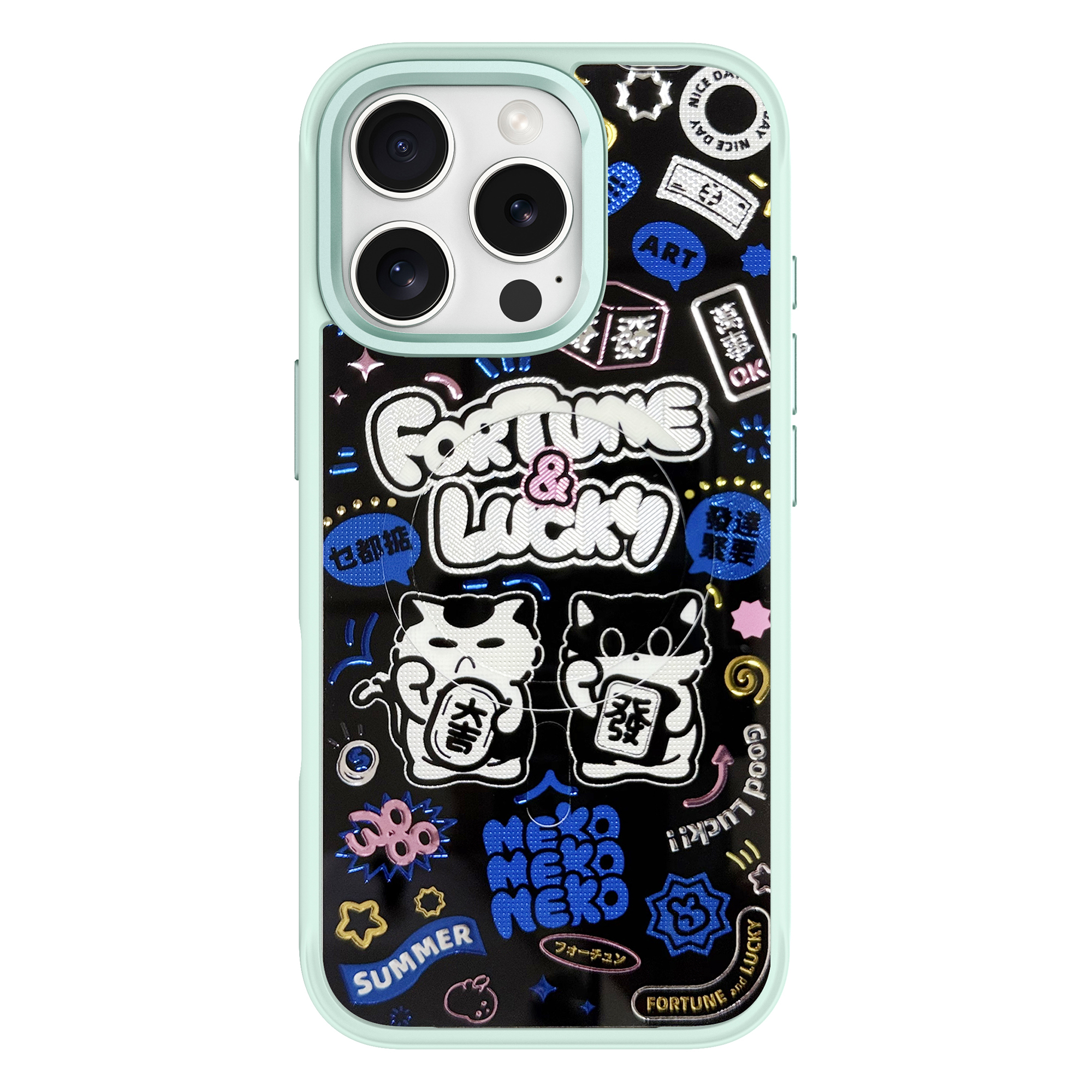 For iPhone 16 Pro Magnetic Case TPU PC Phone Cover with Detachable Blue Lucky Cat Backplate - Green