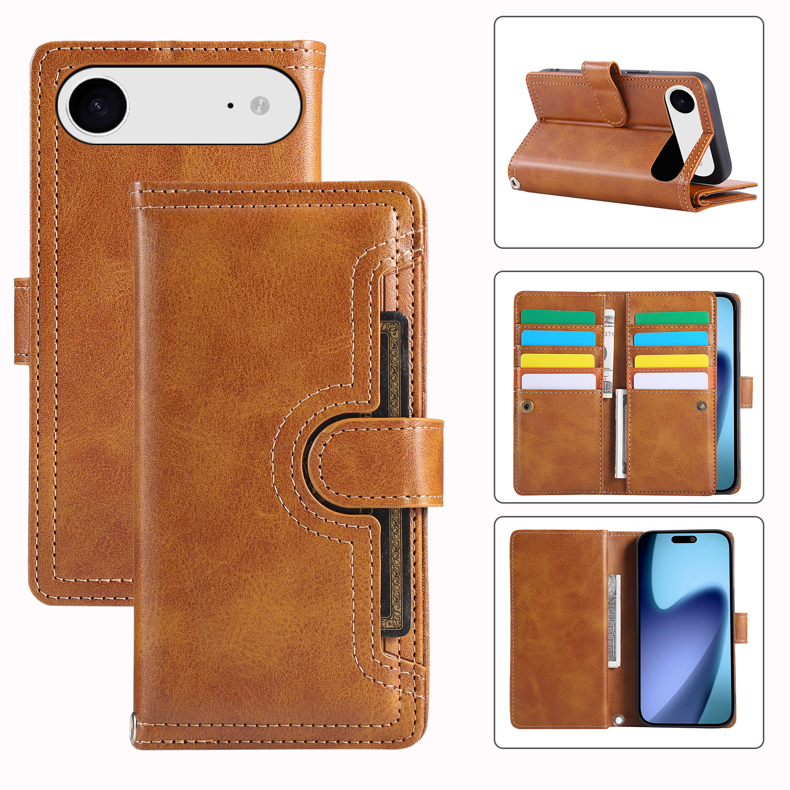 For iPhone Air Case Split Leather Magnetic Wallet Phone Protector with Wrist Strap - Brown