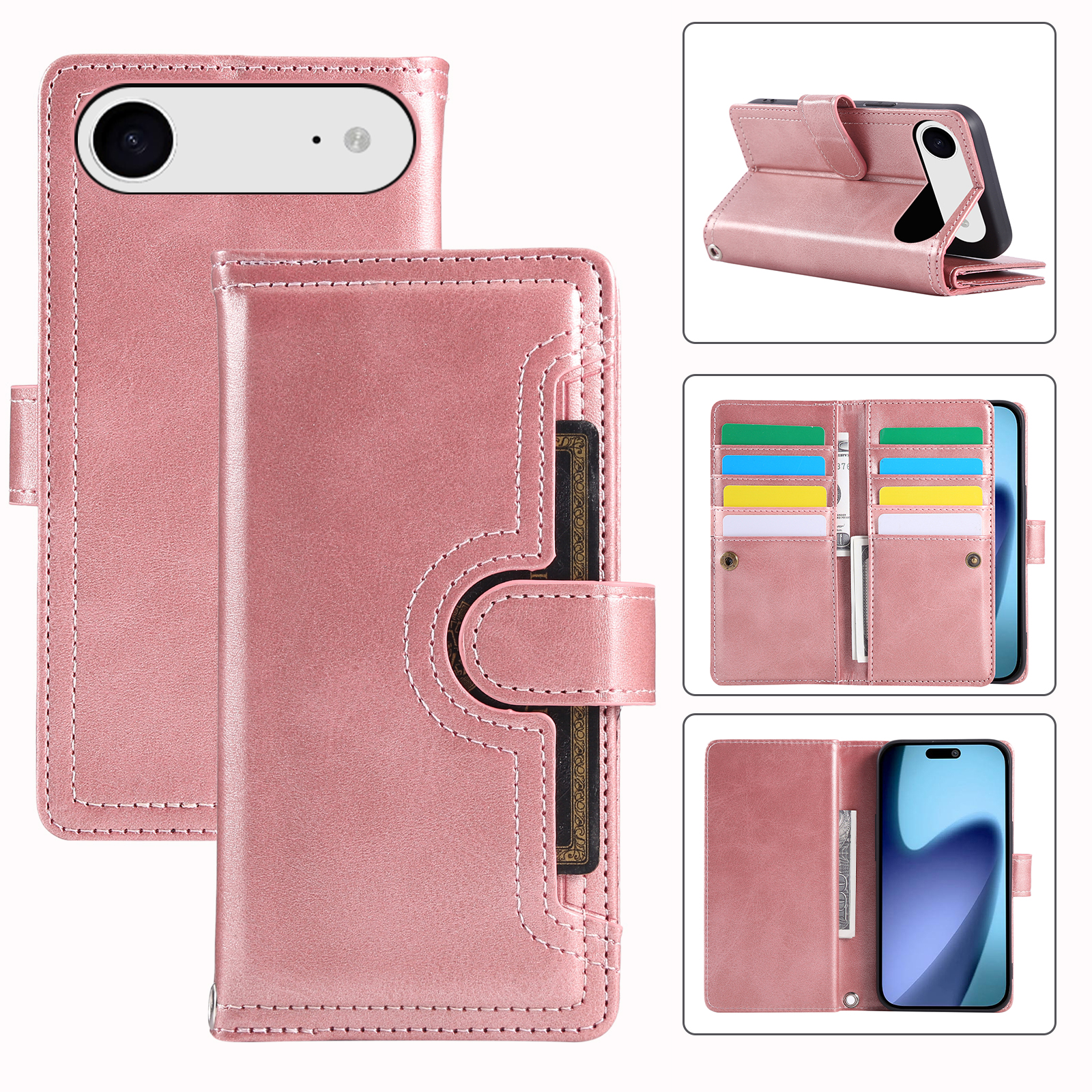 For iPhone Air Case Split Leather Magnetic Wallet Phone Protector with Wrist Strap - Rose Gold