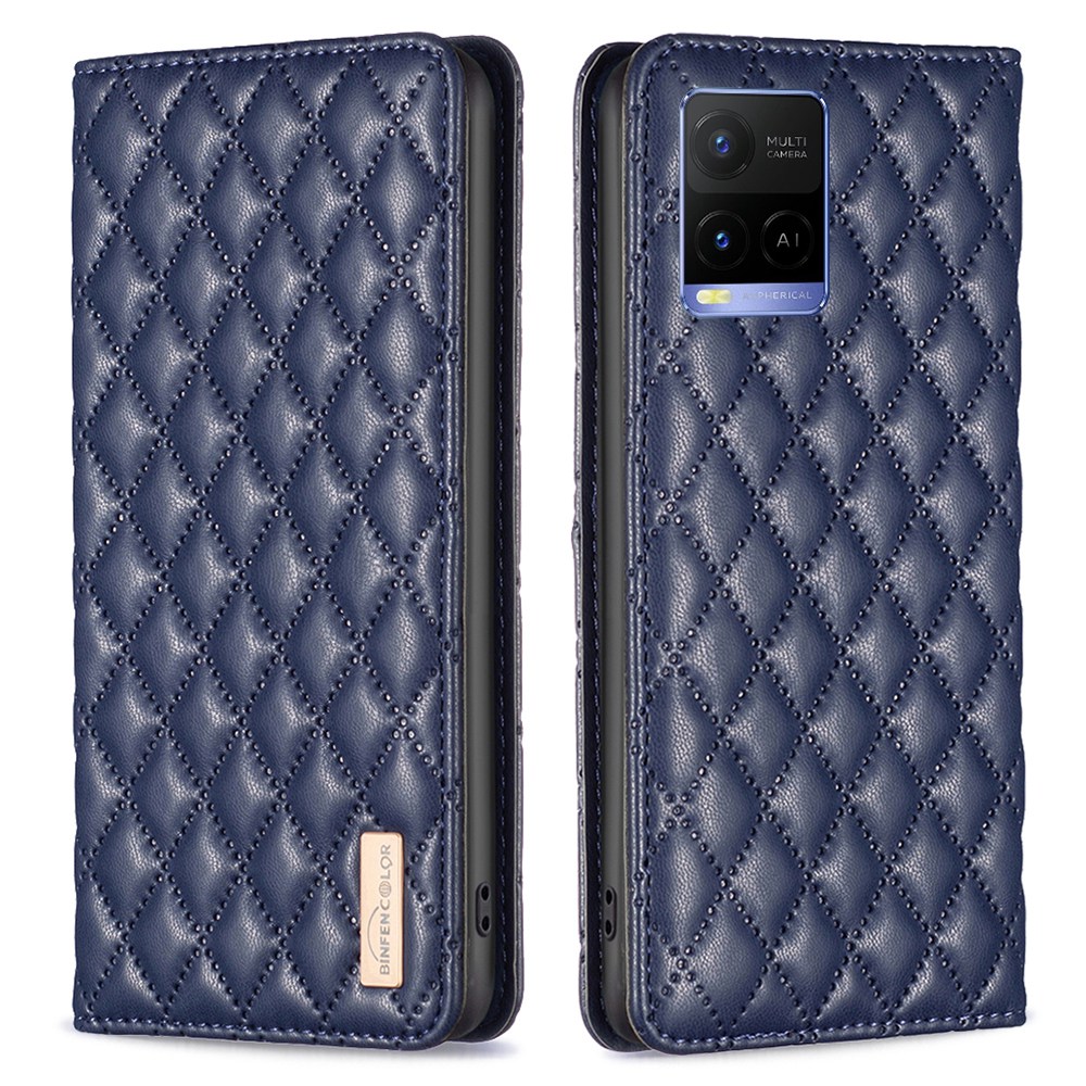

Binfen Color BF Style-16 Für Vivo Y21 / Y21s / Y33s Rhombus Eingeprägter PU Leder -hülle Kartenhalter Voller Schutz Telefonständer Cover - Blau, vivo Y21