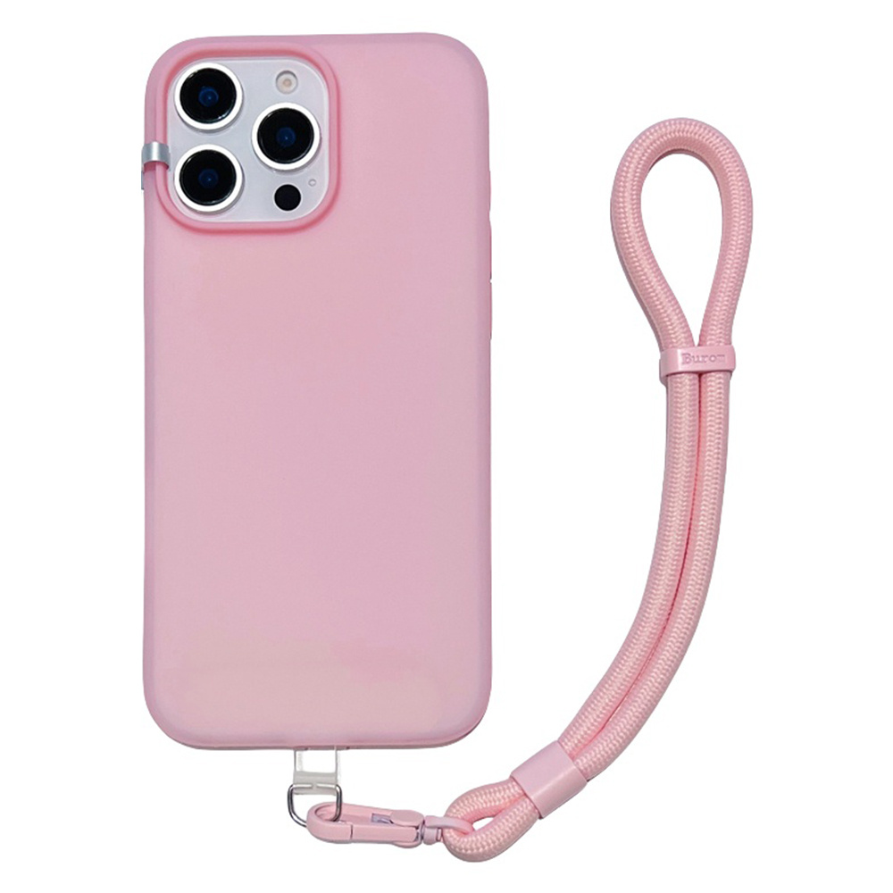 For iPhone 15 Pro Case Ice-Transparent Liquid Silicone + PC Phone Cover with Wrist Strap - Pink