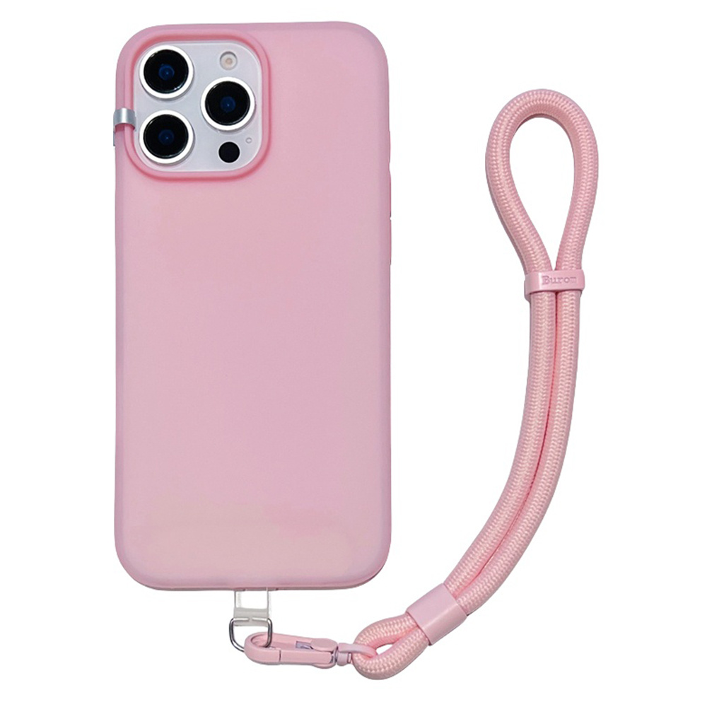 For iPhone 16 Pro Case Ice-Transparent Liquid Silicone + PC Phone Cover with Wrist Strap - Pink