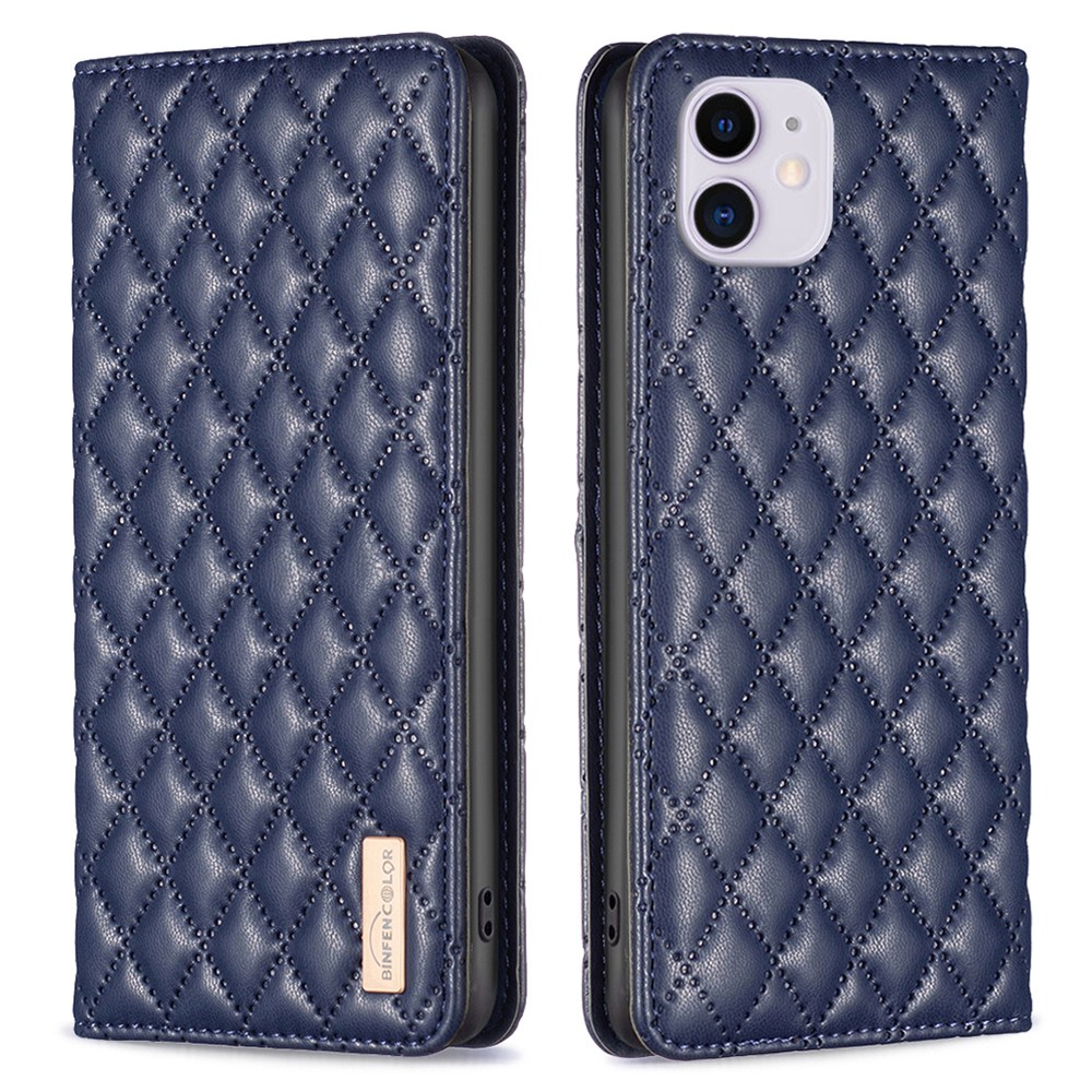 

BINFEN COLOR BF Style-16 For iPhone 11 6.1 inch Rhombus Imprinted PU Leather+TPU Stand Case Card Holder Design Auto Closing Magnetic Phone Cover - Blue, iPhone 11 6.1 inch