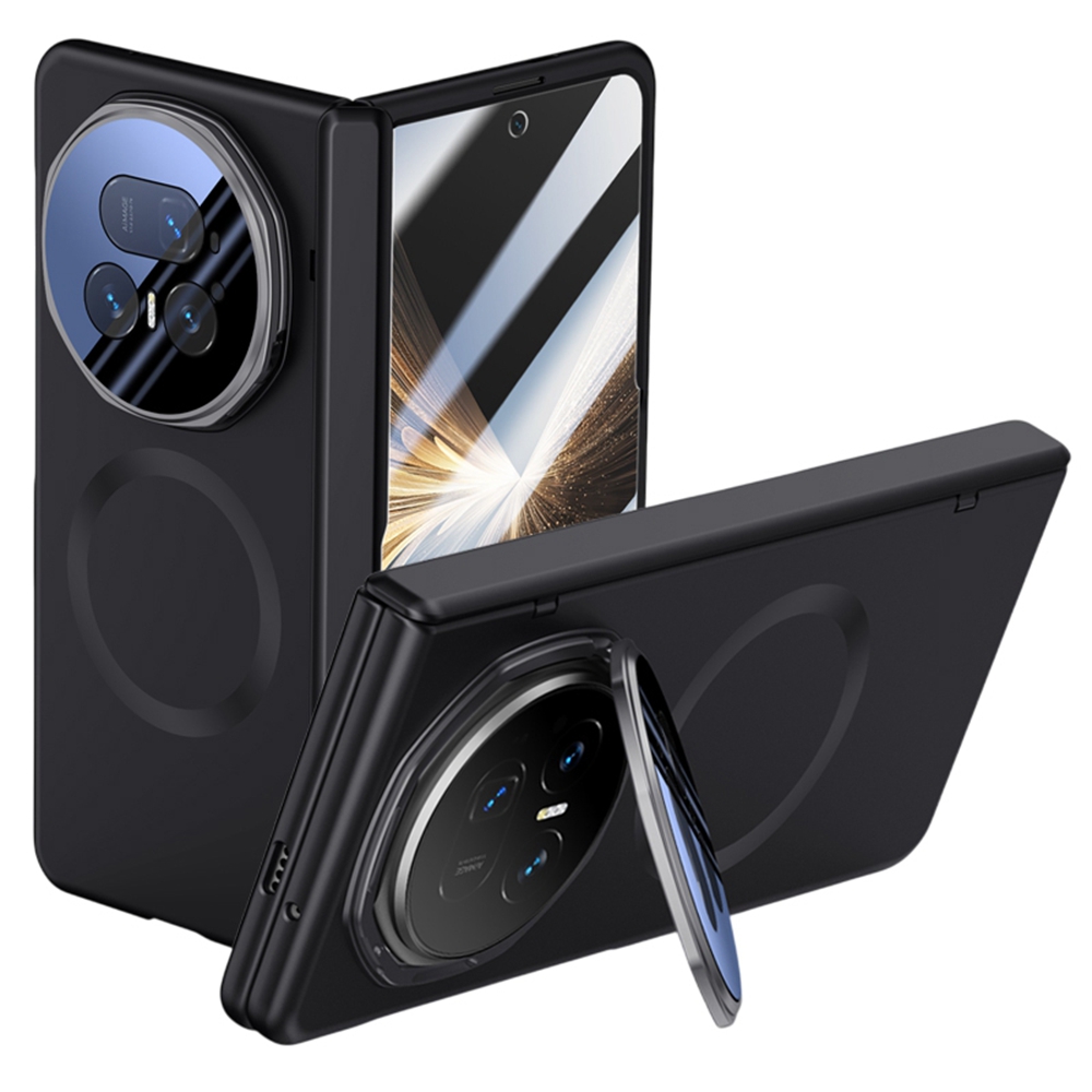 For Honor Magic V5 5G Magnetic Case Hard PC Phone Cover with HD Tempered Glass Film, Lens Kickstand - Black