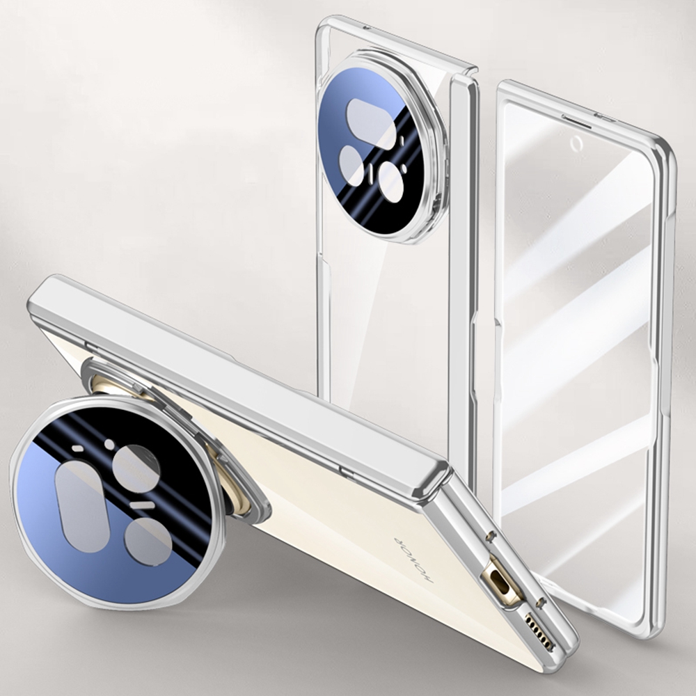 For Honor Magic V5 5G Case PC + Acrylic Phone Cover with HD Tempered Glass Film, Lens Kickstand - Silver