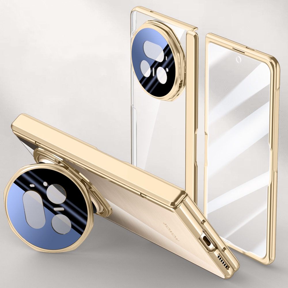 For Honor Magic V5 5G Case PC + Acrylic Phone Cover with HD Tempered Glass Film, Lens Kickstand - Gold
