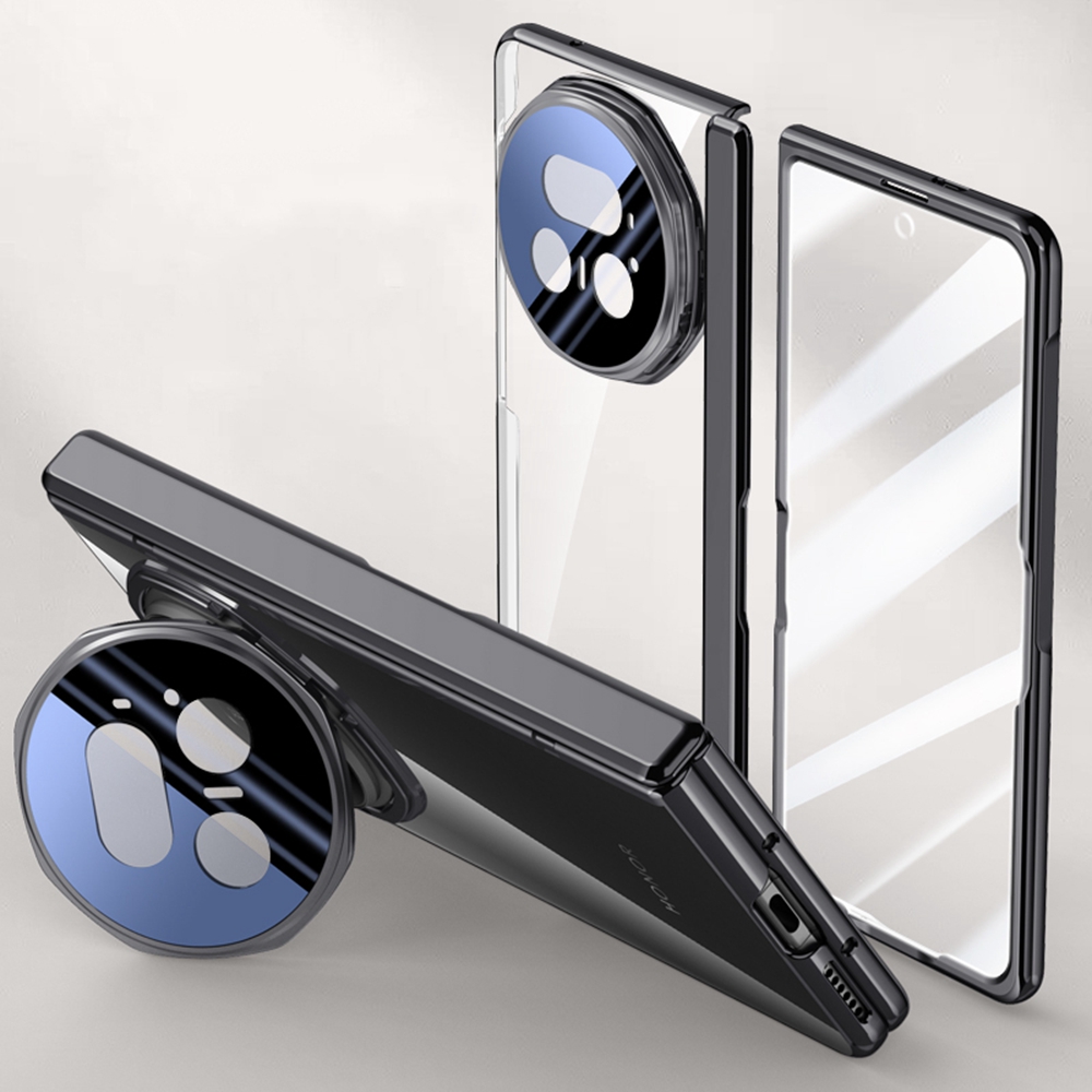 For Honor Magic V5 5G Case PC + Acrylic Phone Cover with HD Tempered Glass Film, Lens Kickstand - Black