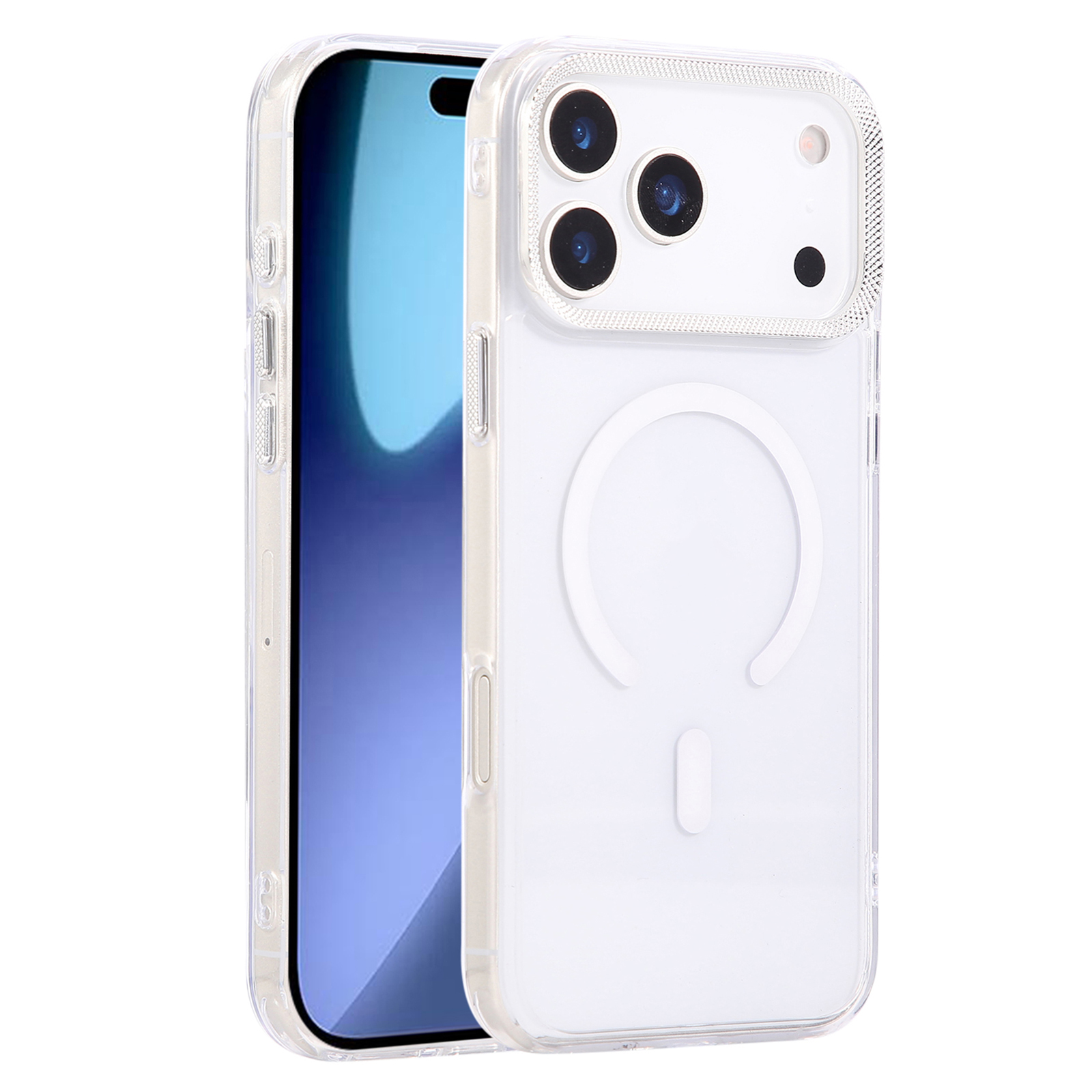 For iPhone 17 Pro Case Compatible with MagSafe PC + TPU Clear Phone Cover with Diamond Texture Lens Frame - Orange - White