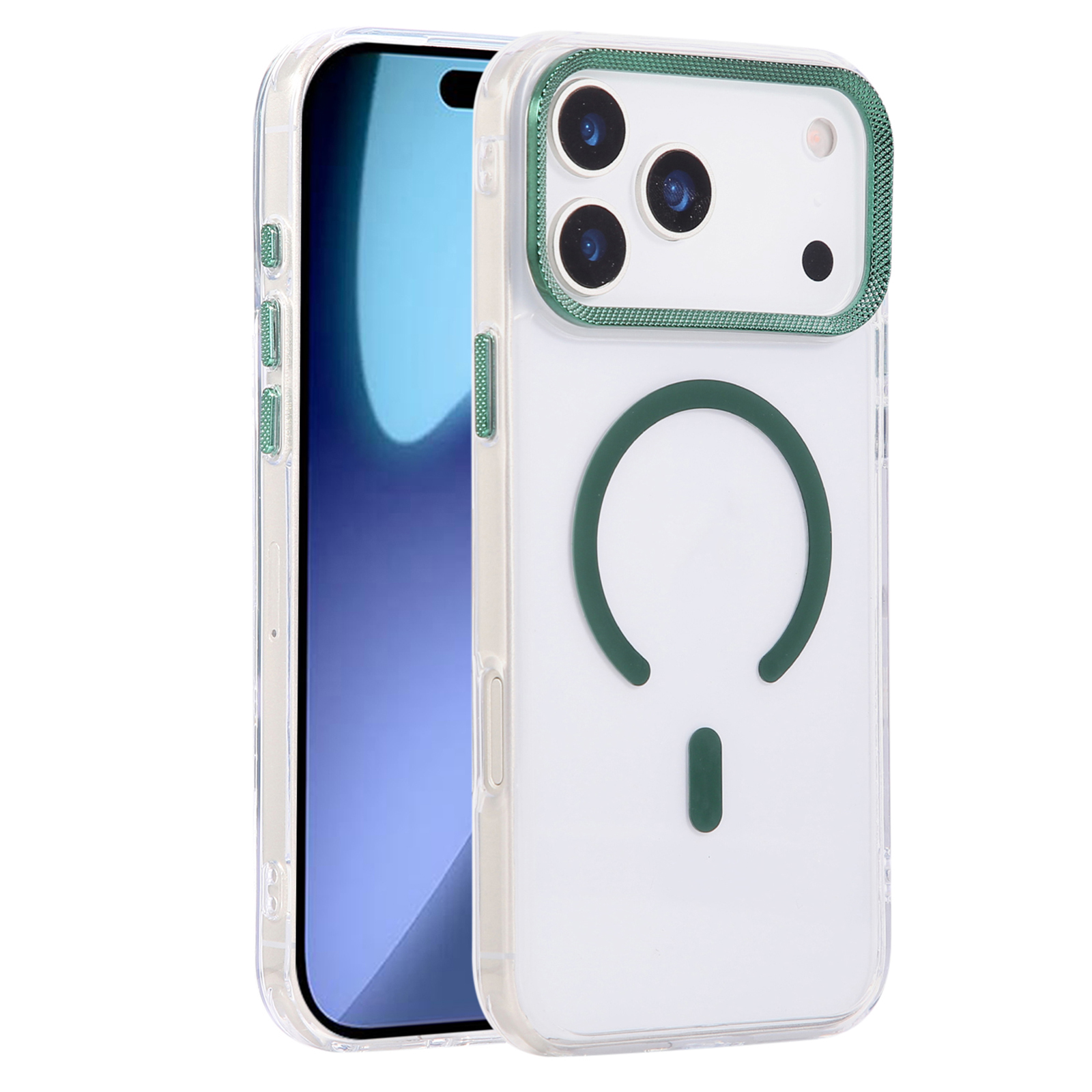 For iPhone 17 Pro Case Compatible with MagSafe PC + TPU Clear Phone Cover with Diamond Texture Lens Frame - Orange - Midnight Green
