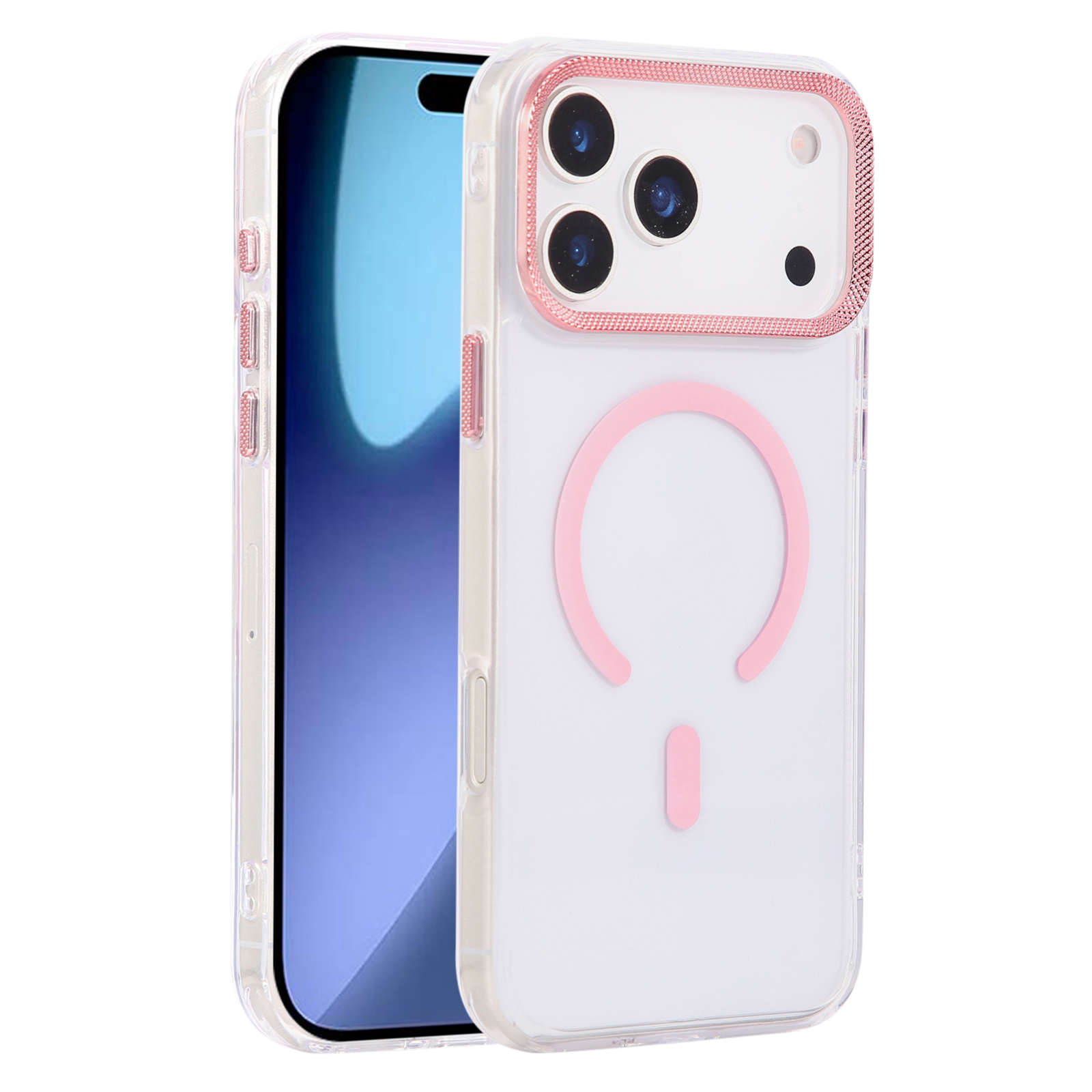 For iPhone 17 Pro Max Case Compatible with MagSafe PC + TPU Clear Phone Cover with Diamond Texture Lens Frame - Pink
