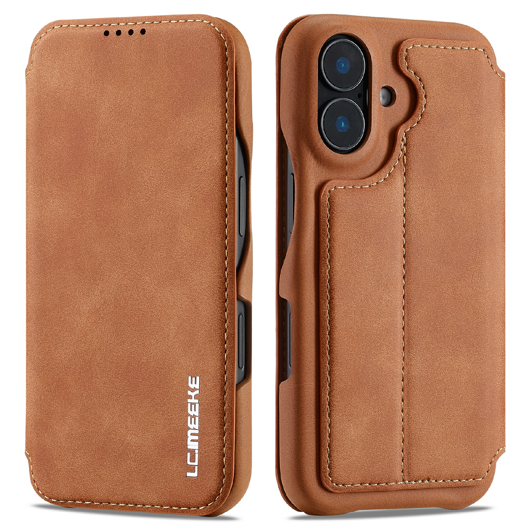 LC.IMEEKE For iPhone 17 Case Card Holder Stand Leather Phone Cover - Brown