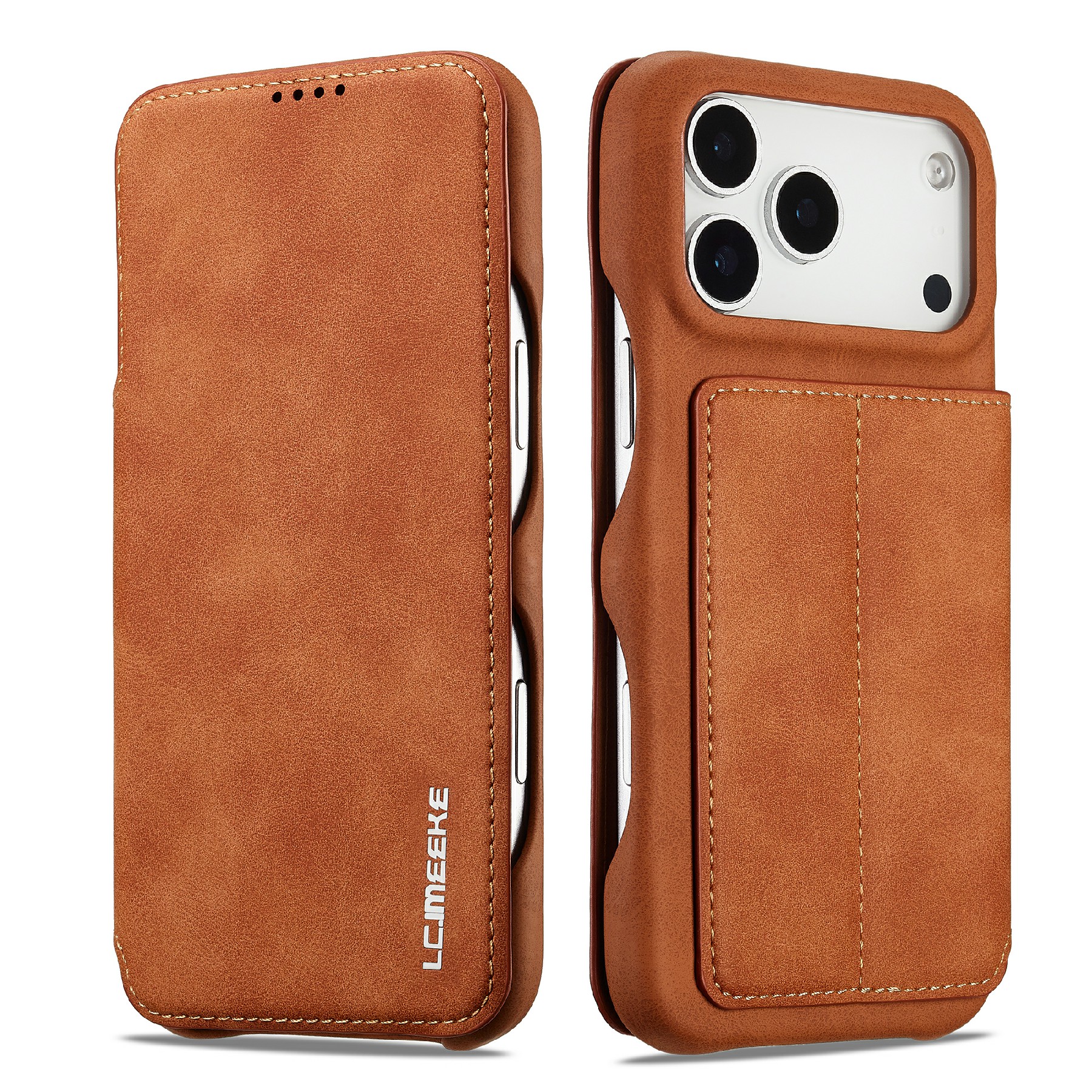 LC.IMEEKE For iPhone 17 Pro Case Card Holder Stand Leather Phone Cover - Brown