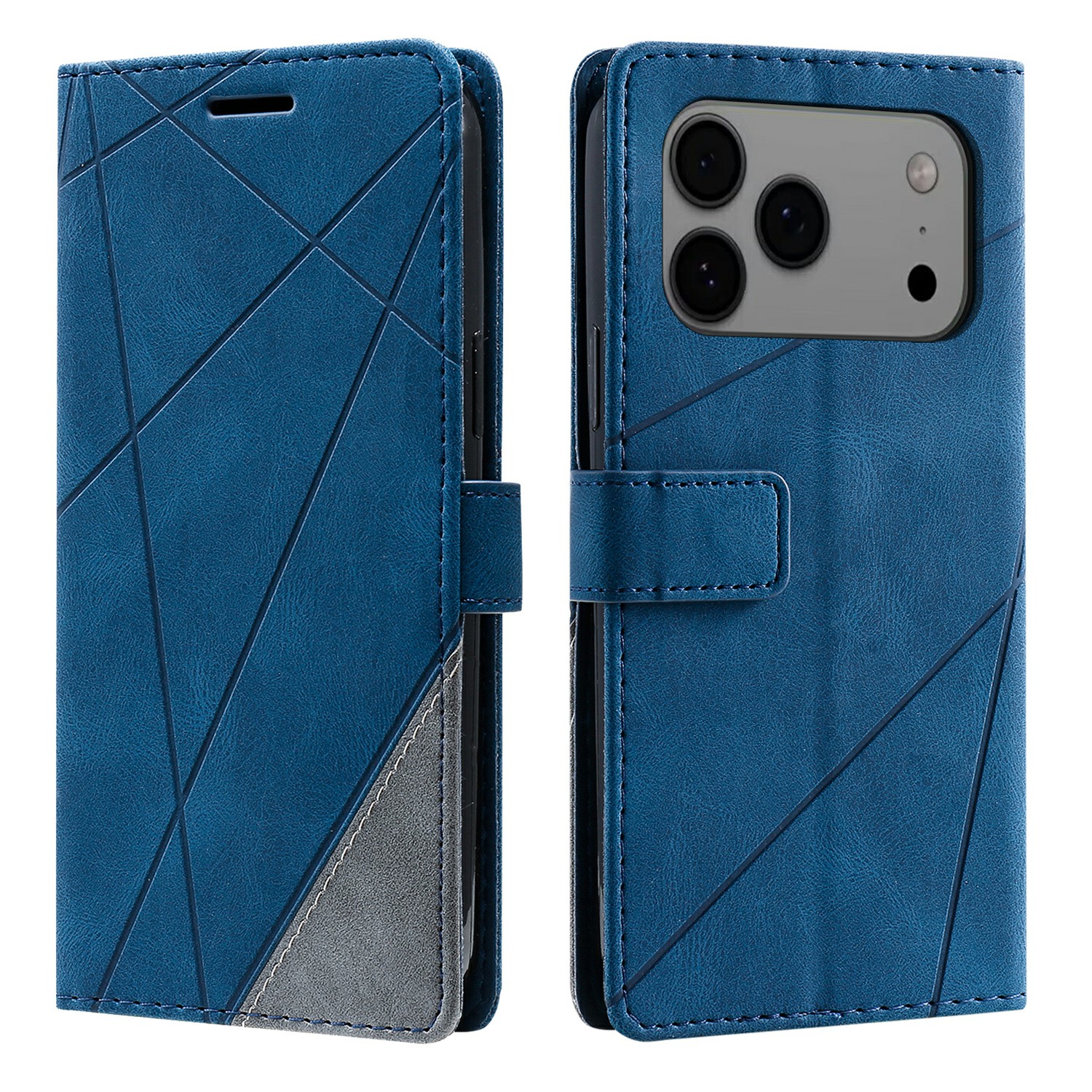 For iPhone 17 Pro Max Case Imprinted Lines PU Leather Splicing Wallet Phone Cover - Blue