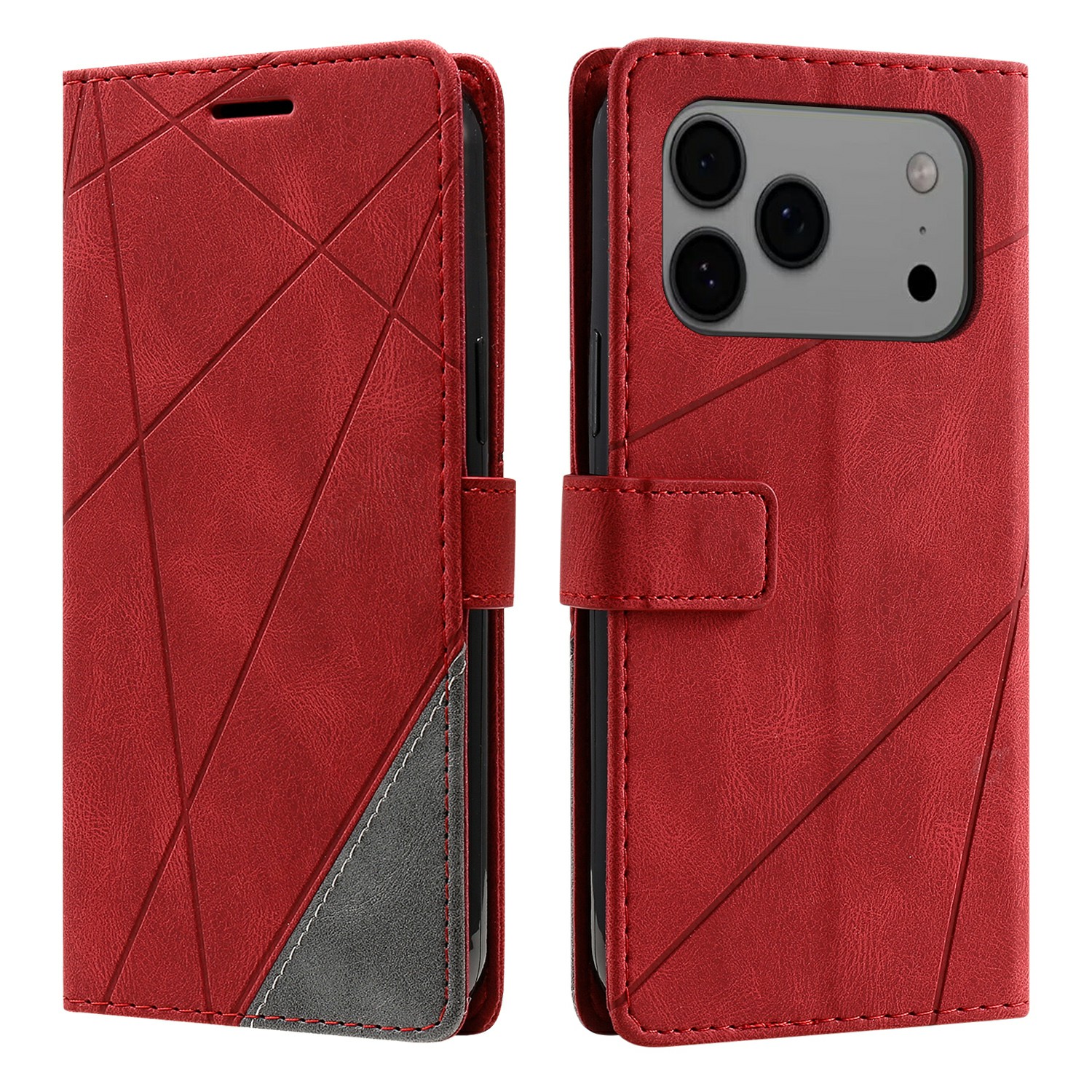 For iPhone 17 Pro Max Case Imprinted Lines PU Leather Splicing Wallet Phone Cover - Red
