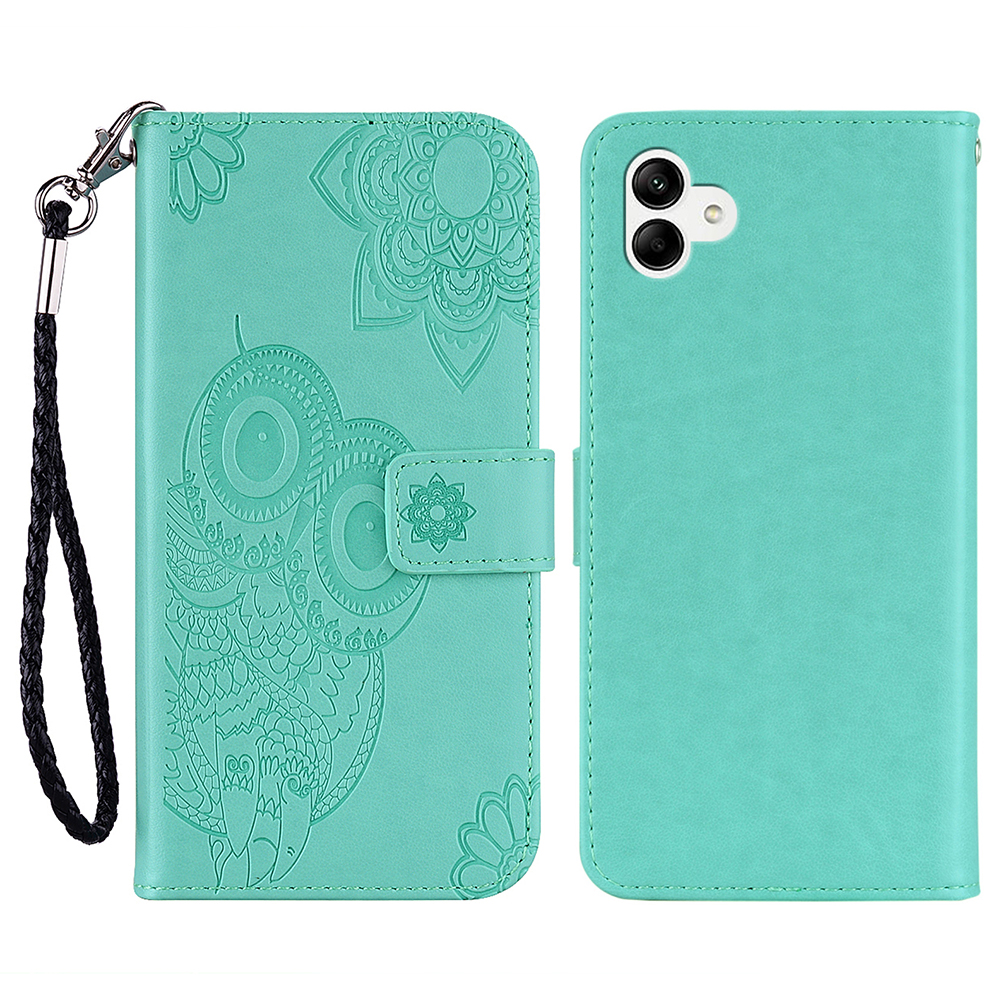 For Samsung Galaxy A07 5G / A07 4G Case Owl Flower Imprinted Leather Cover Wallet with Strap - Cyan