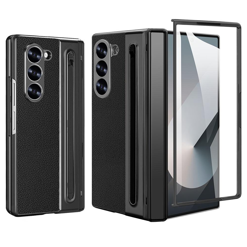 For Samsung Galaxy Z Fold6 5G Case PU + PC + Tempered Glass Phone Cover with Stylus - Black