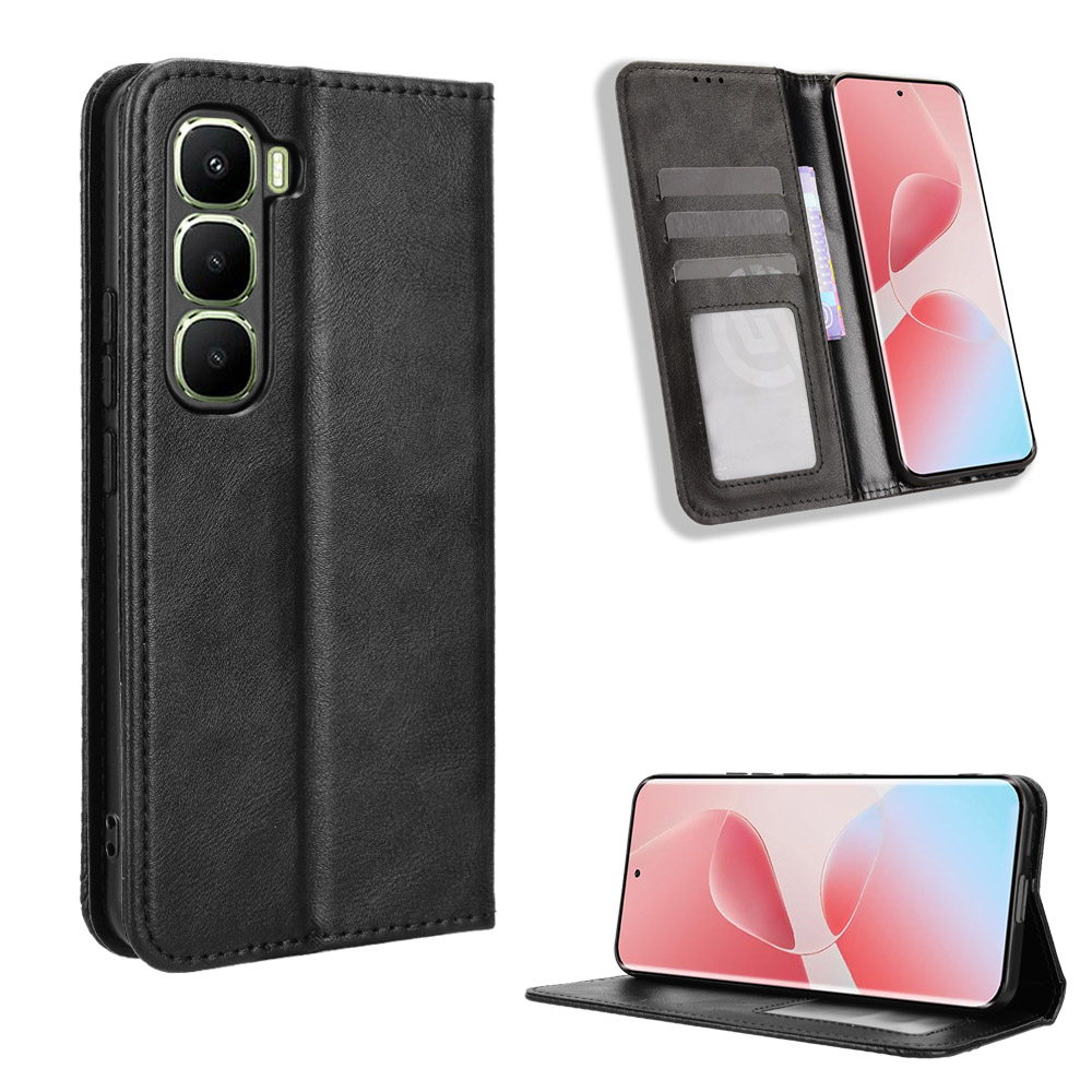For Infinix Hot 60 Pro+ 4G Leather Case Wallet Stand Retro Texture Phone Cover - Black