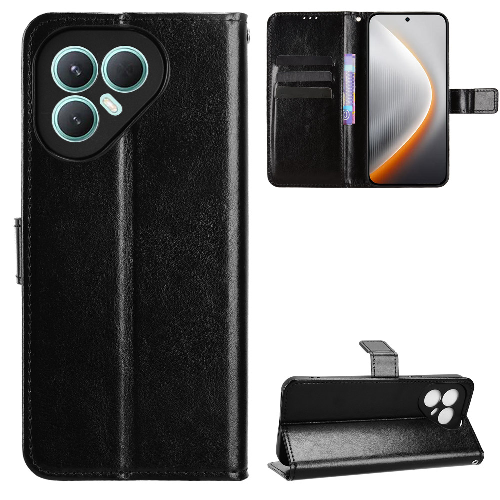 For TECNO Pova 7 Pro 5G PU Leather Case with Strap Crazy Horse Texture Phone Wallet Cover - Black