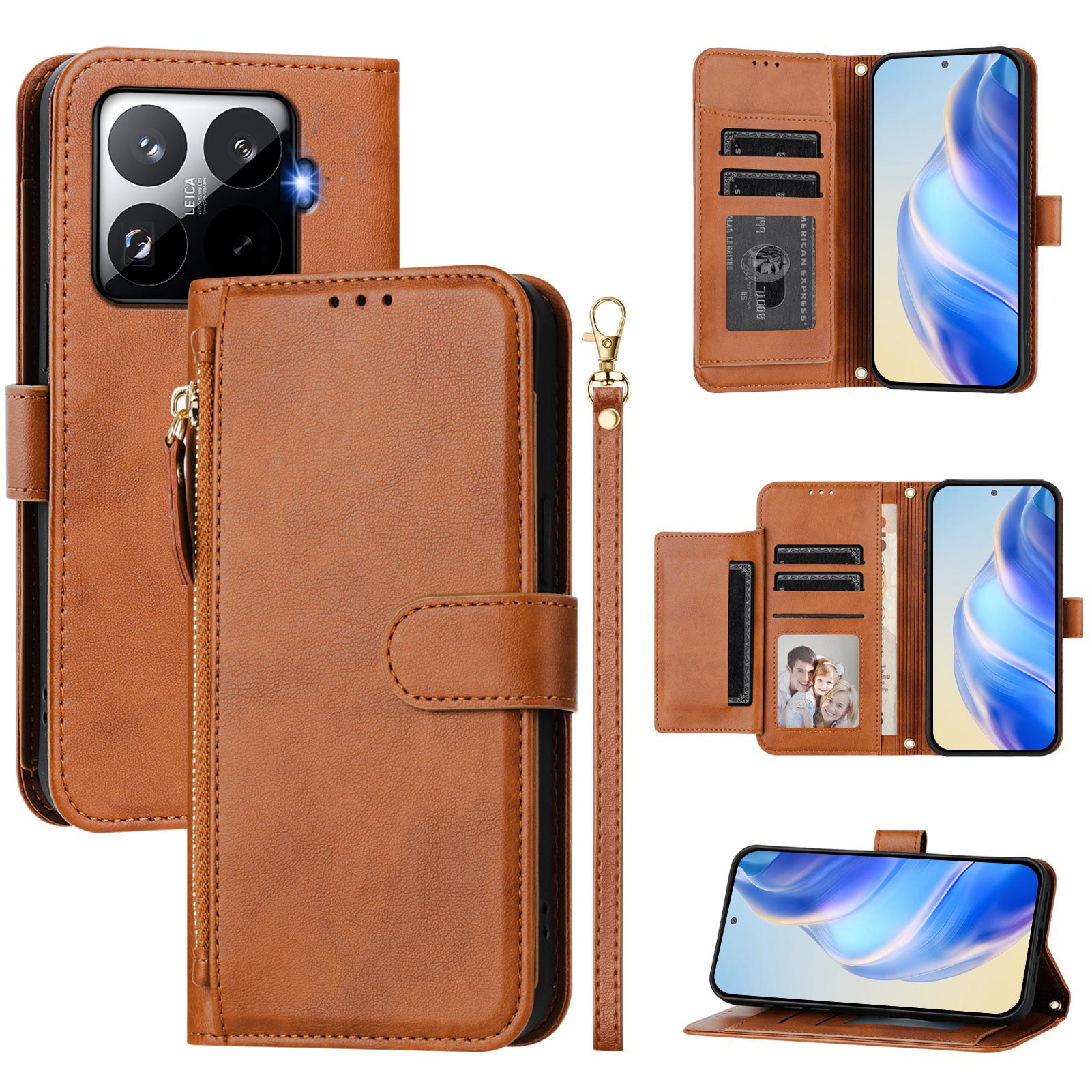 For Xiaomi 15T Pro Case Zipper Pocket Multiple Card Slots Leather Phone Cover - Brown