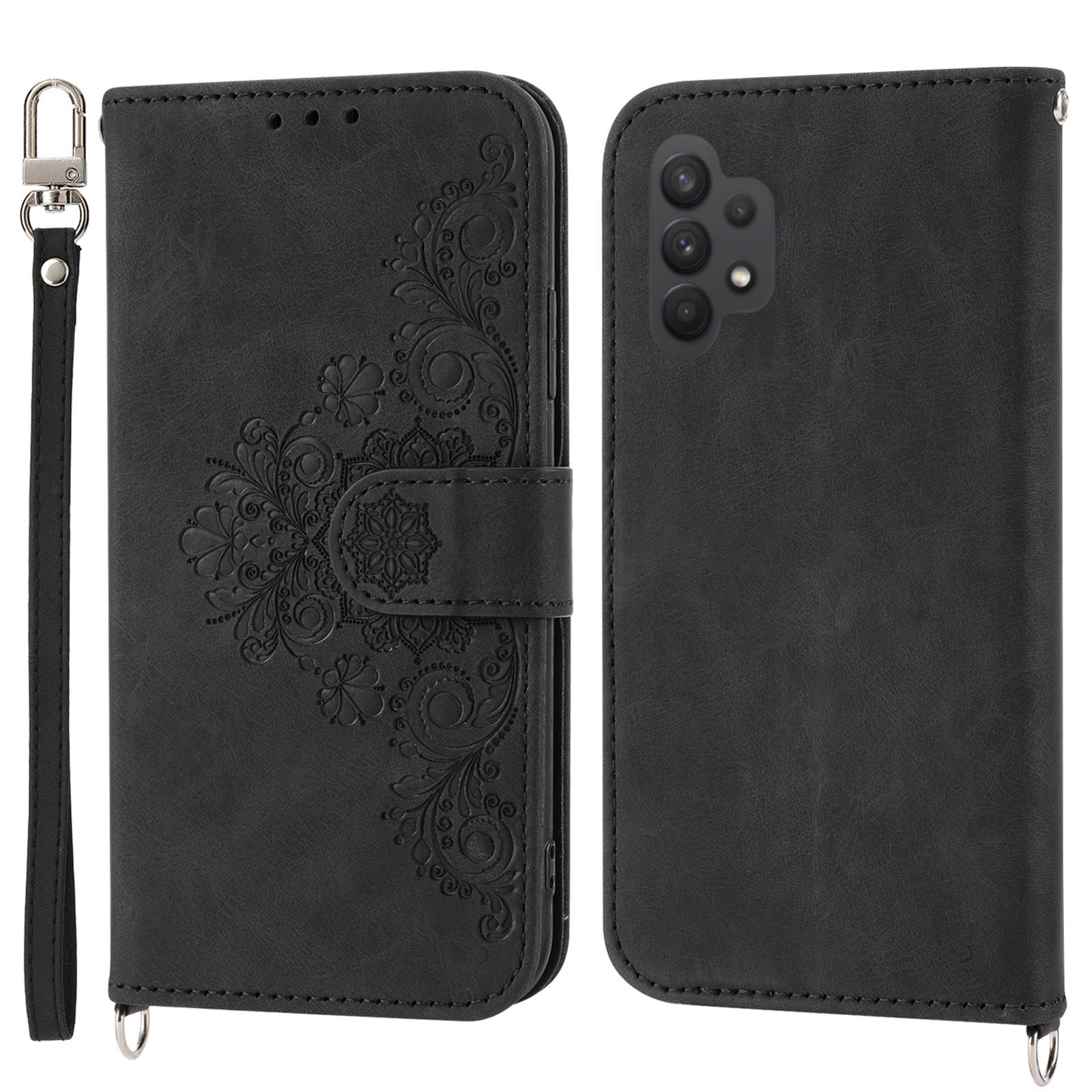 

Drop-proof Phone Case for Samsung Galaxy A32 4G (EU Version), Skin-touch Imprinted Flowers Pattern Multiple Card Slots Stand Wallet Phone Cover with Wrist and Shoulder Straps - Black, Samsung Galaxy A32 4G (EU Version)