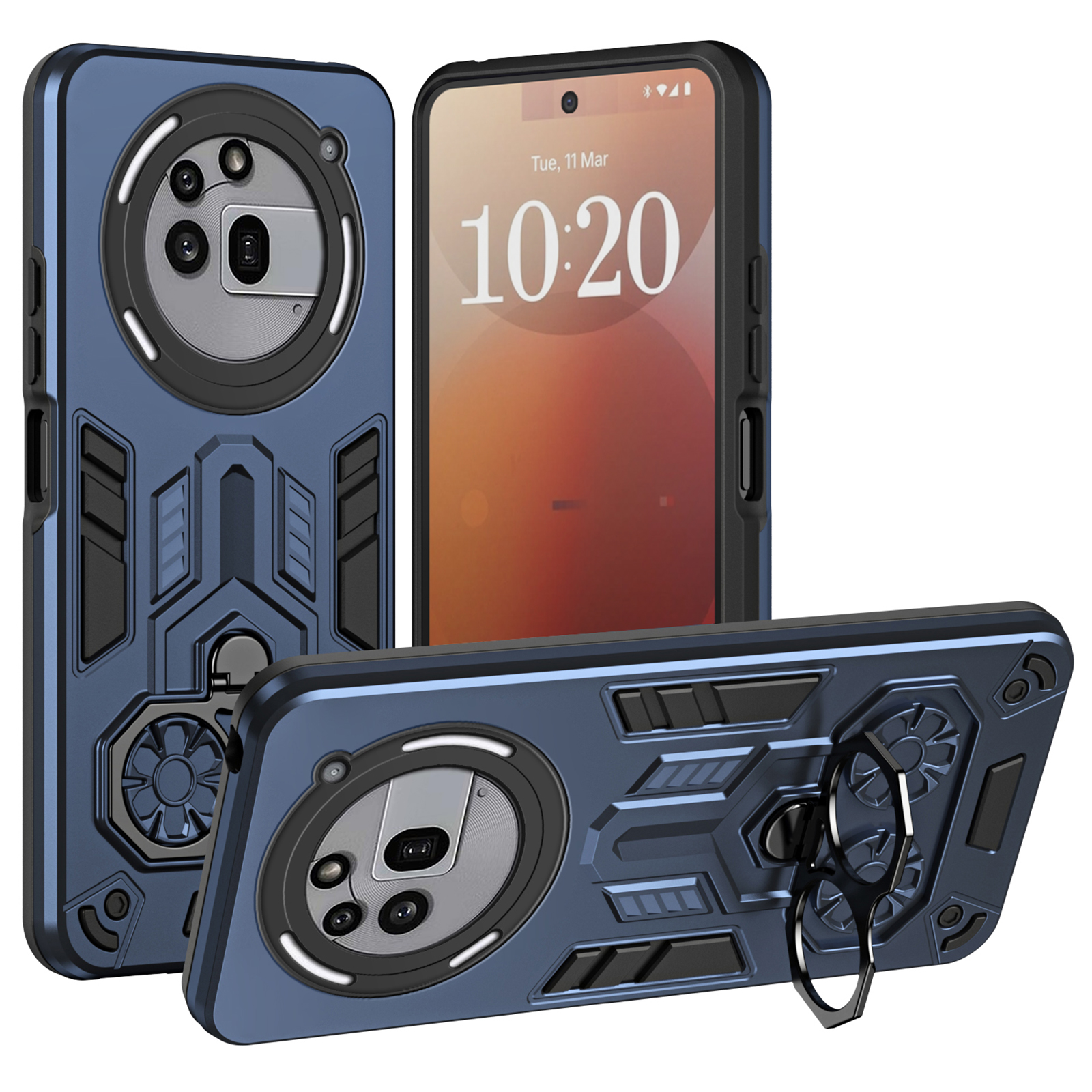 For Nothing Phone (3a) Pro Case Ring Holder Kickstand PC + TPU Shockproof Phone Cover - Navy Blue