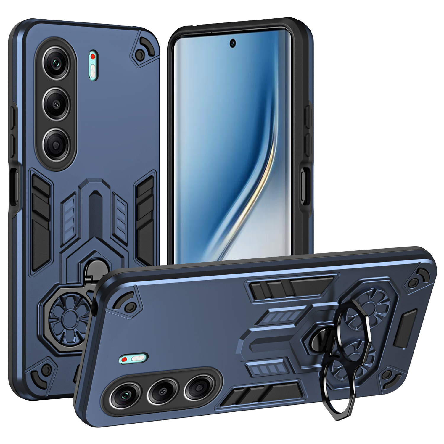 For TECNO Camon 40 Pro 5G Case Ring Holder Kickstand PC + TPU Shockproof Phone Cover - Navy Blue