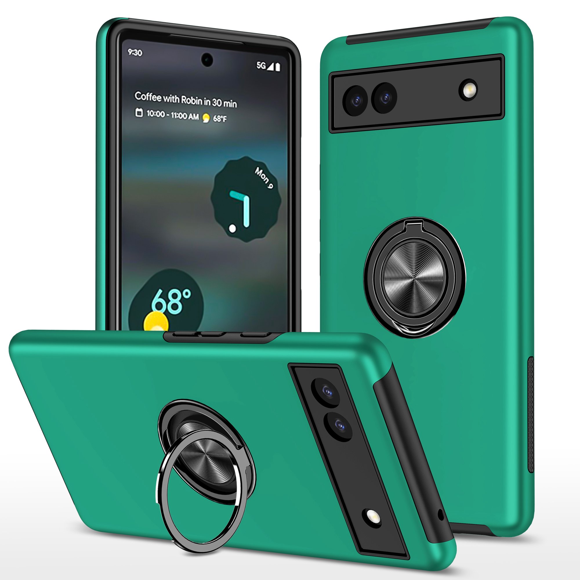 

Für Google Pixel 6a Rotation Ring Ring Kickstand Phone Hülle Hartes PC Soft TPU Dual Layer Stoßdämpfung Schutzschutzabdeckung - Schwarzgrün, Google Pixel 6a