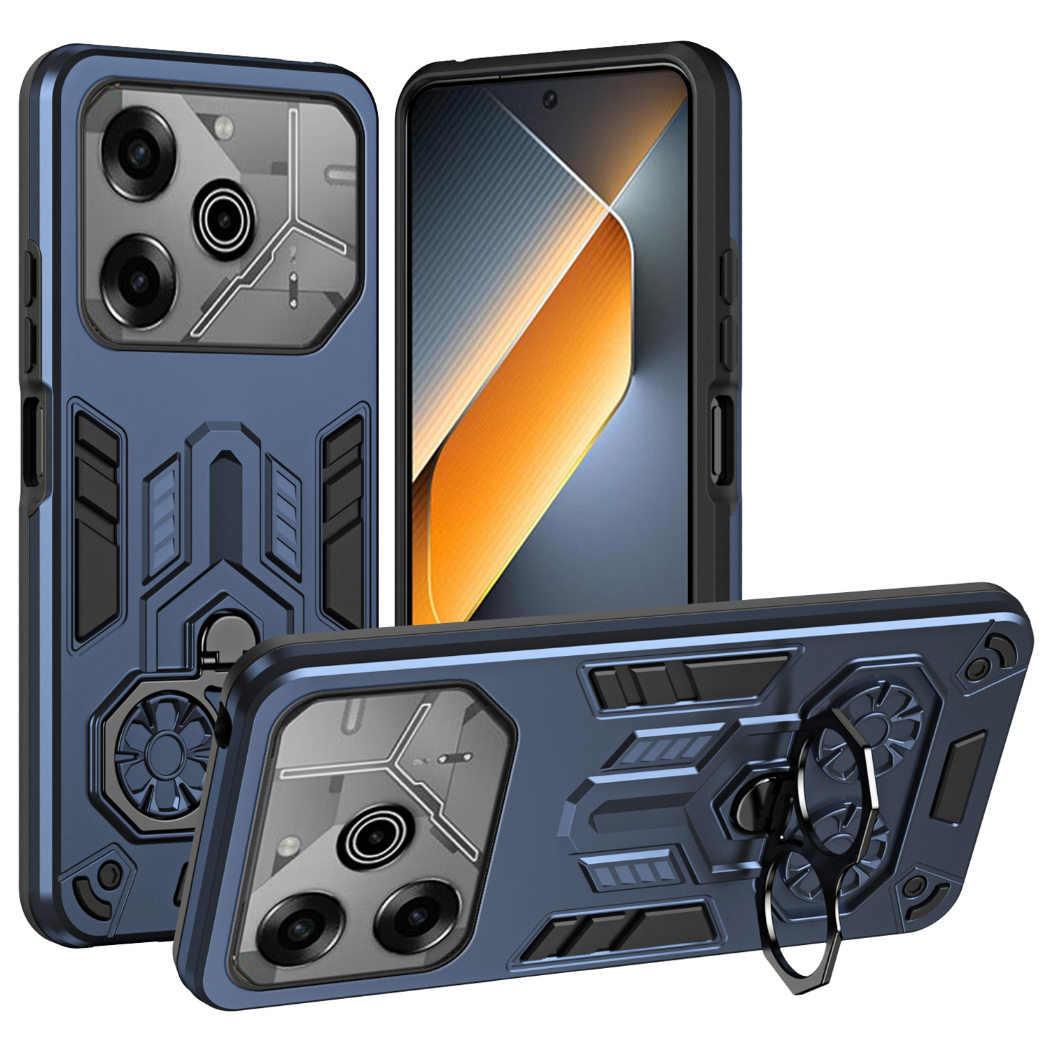For TECNO Pova 6 Pro 5G  /  Pova 6 4G Case Ring Holder Kickstand PC + TPU Shockproof Phone Cover - Navy Blue
