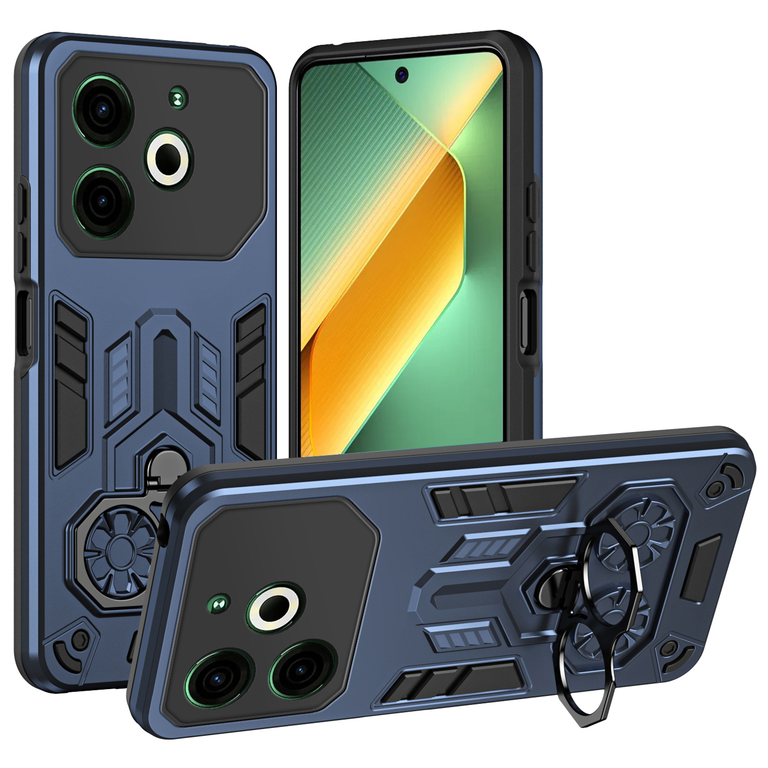 For TECNO Pova 6 Neo Case Ring Holder Kickstand PC + TPU Shockproof Phone Cover - Navy Blue