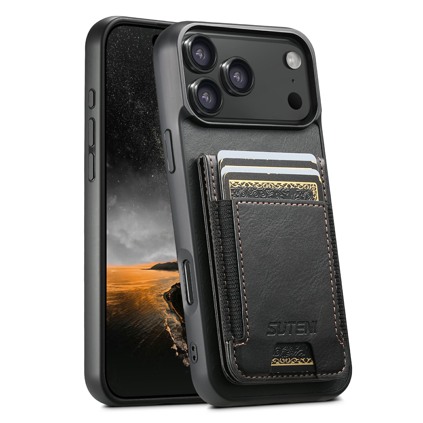 SUTENI H03 For iPhone 17 Pro Case Card Holder Waxy Texture Leather + TPU Phone Cover - Black