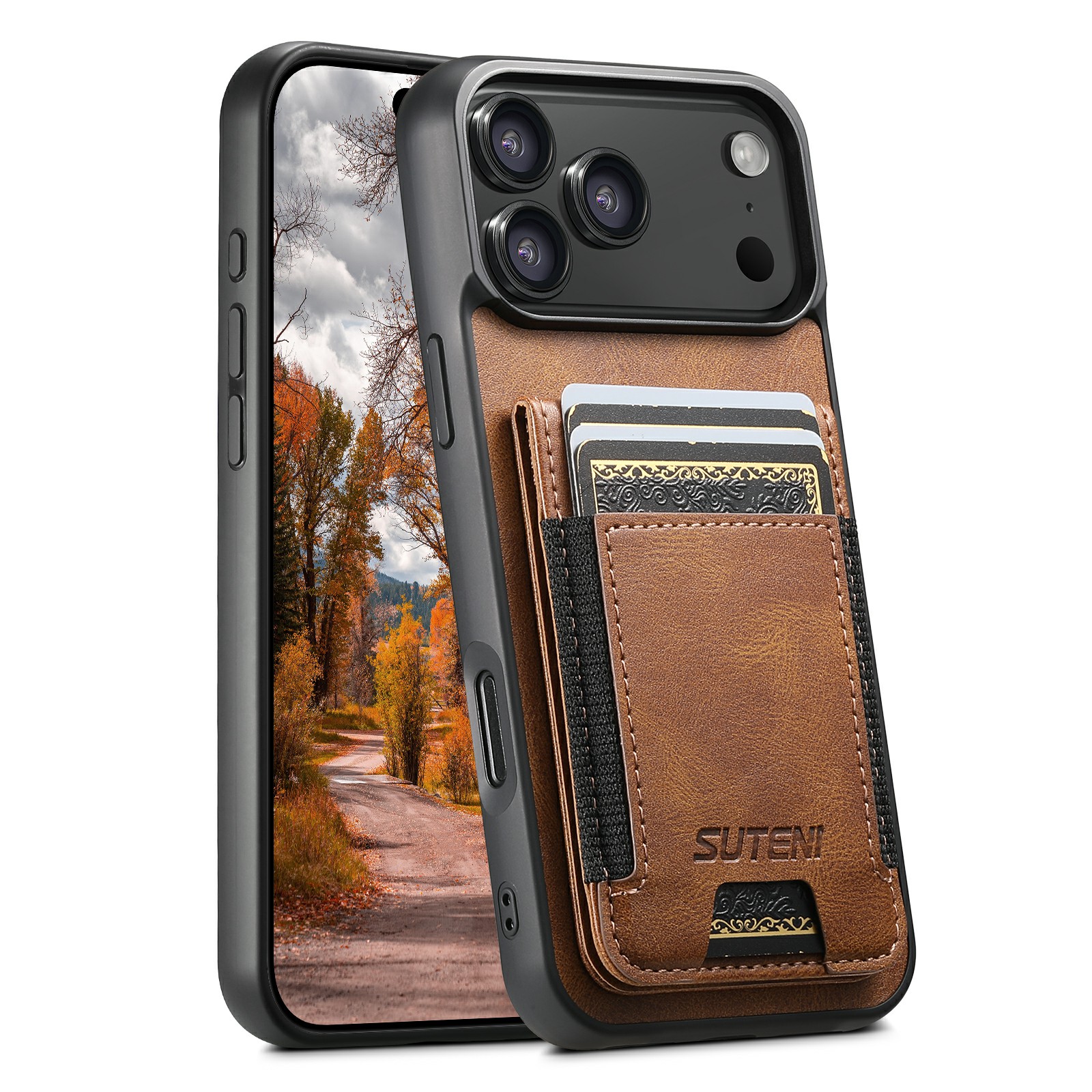 SUTENI H03 For iPhone 17 Pro Case Card Holder Waxy Texture Leather + TPU Phone Cover - Brown