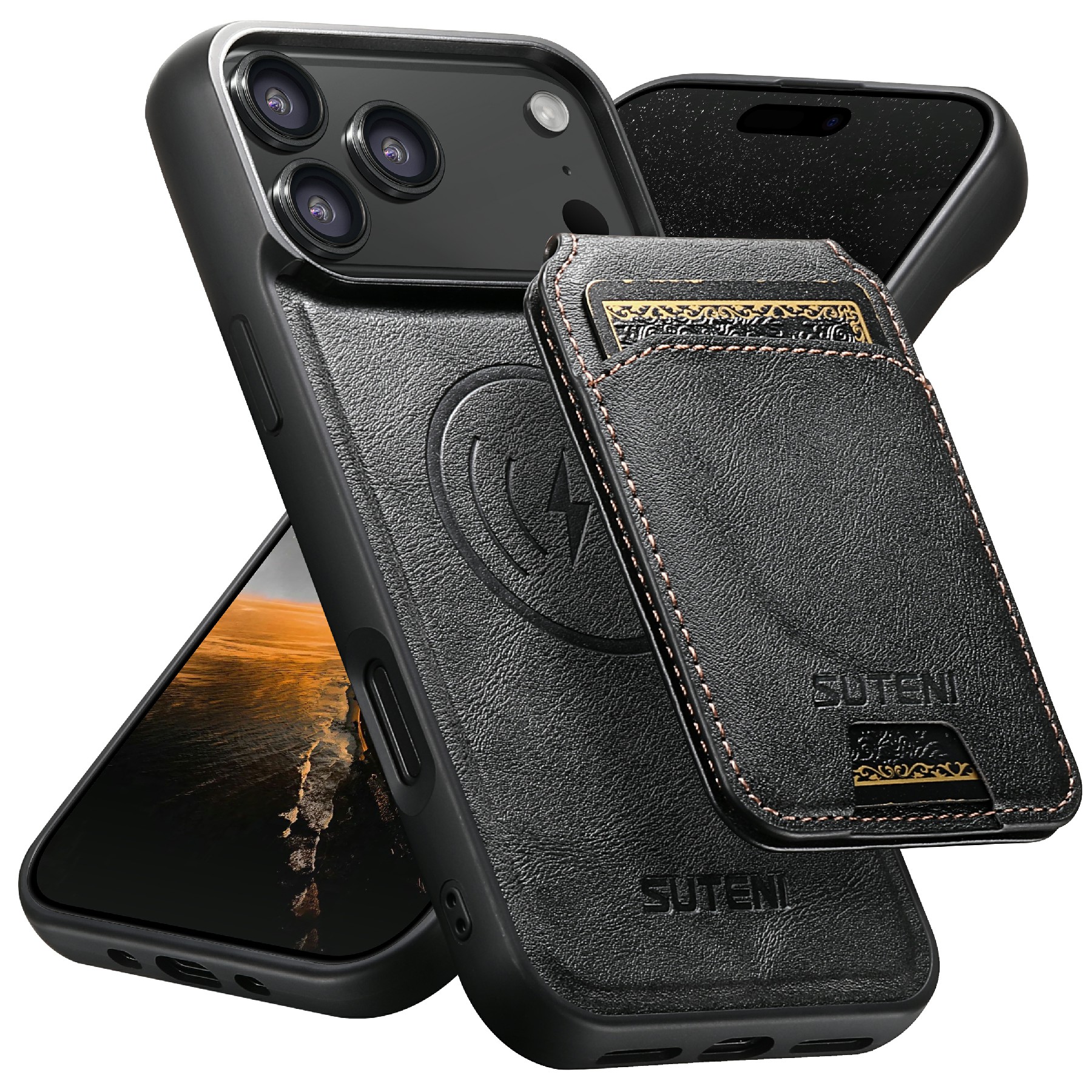 SUTENI M5 For iPhone 17 Pro Max Magnetic Case with Card Bag Cowhide Texture Leather Phone Back Cover - Black